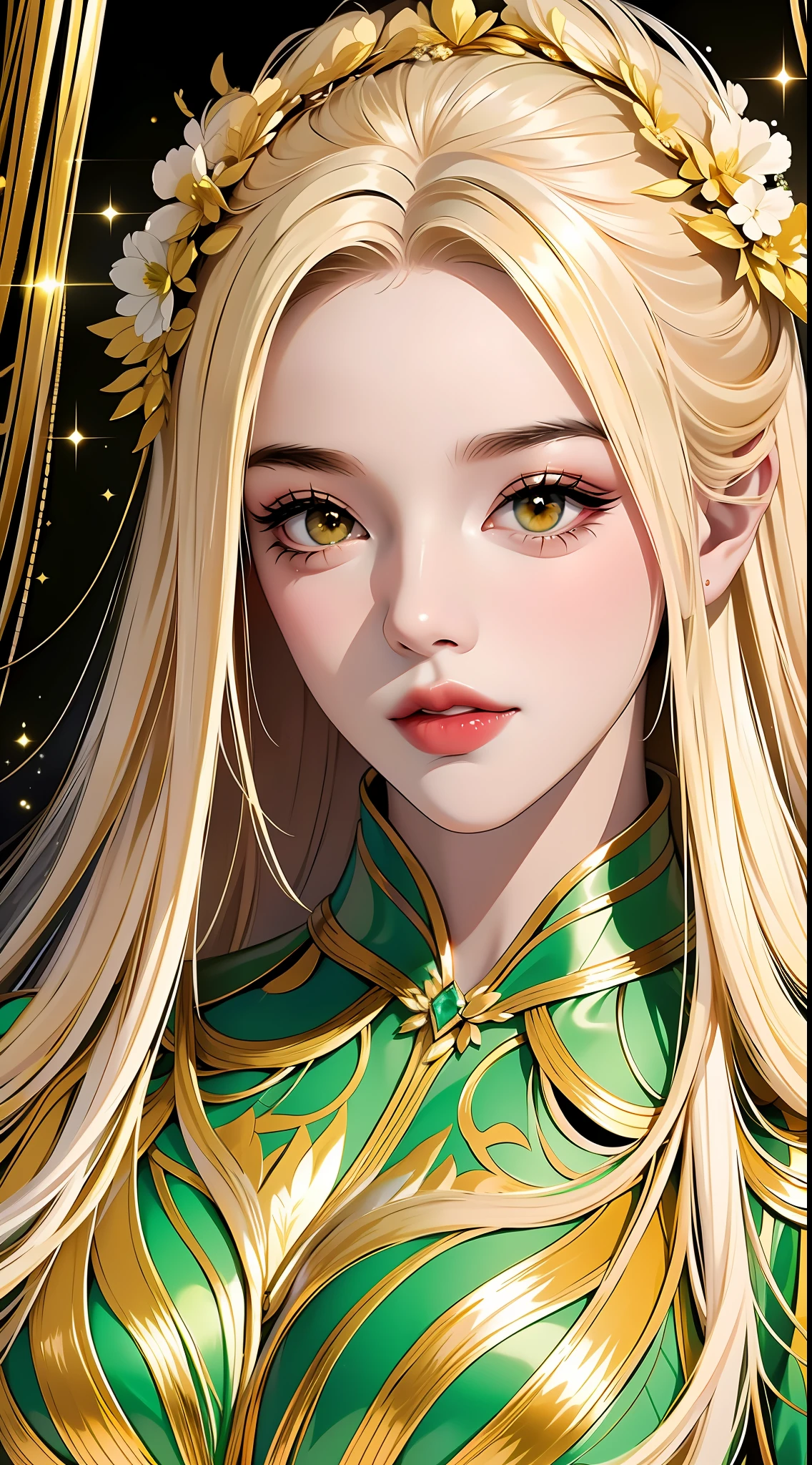 【Light makeup】Peerless beauty, long yellow hair, metallic green dress, shiny, shiny, dreamy, gorgeous dress, detailed facial features, real texture, black background