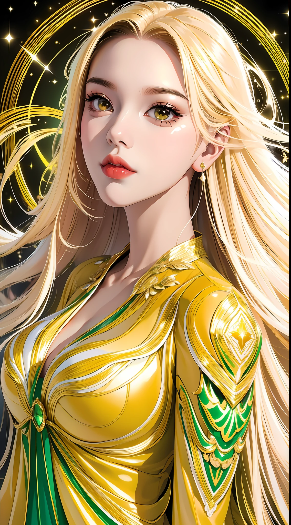 【Light makeup】Peerless beauty, long yellow hair, metallic green dress, shiny, shiny, dreamy, gorgeous dress, detailed facial features, real texture, black background