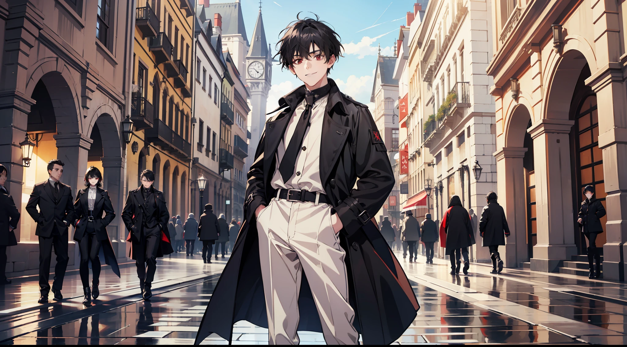 (Ridiculous, High Resolution), (Panorama), Little Boy, Red Eyes, Short Hair, Black Hair, Smile, White Clothes, Black Trench Coat, Black Pants, Black Boots, Medieval Architecture, Square, Daytime, Antique, Extreme Detail, Square, Crowd Surrounded