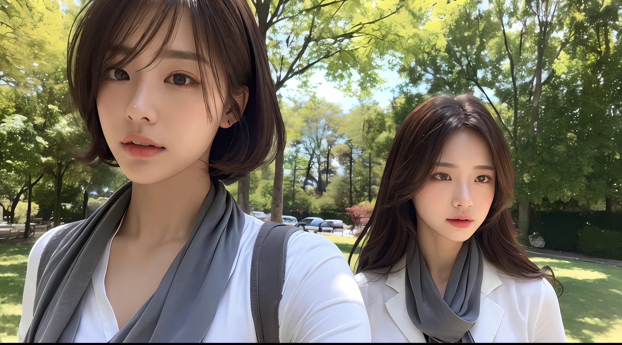 ((Best quality, 8k, Masterpiece :1.3)), Sharp focus :1.2, A pretty woman with perfect figure :1.4, Slender abs :1.2, ((Dark brown hair,breasts :1.2)), (white long formal shirt)(buttoning up his shirt.), grey background:1.2, Highly detailed face and skin texture, Detailed eyes, Double eyelid,fashion model posing,cowboy shot,white pants,sunlight filtering through trees,(wears a gray scarf around his neck.)1 girl, 1 men,