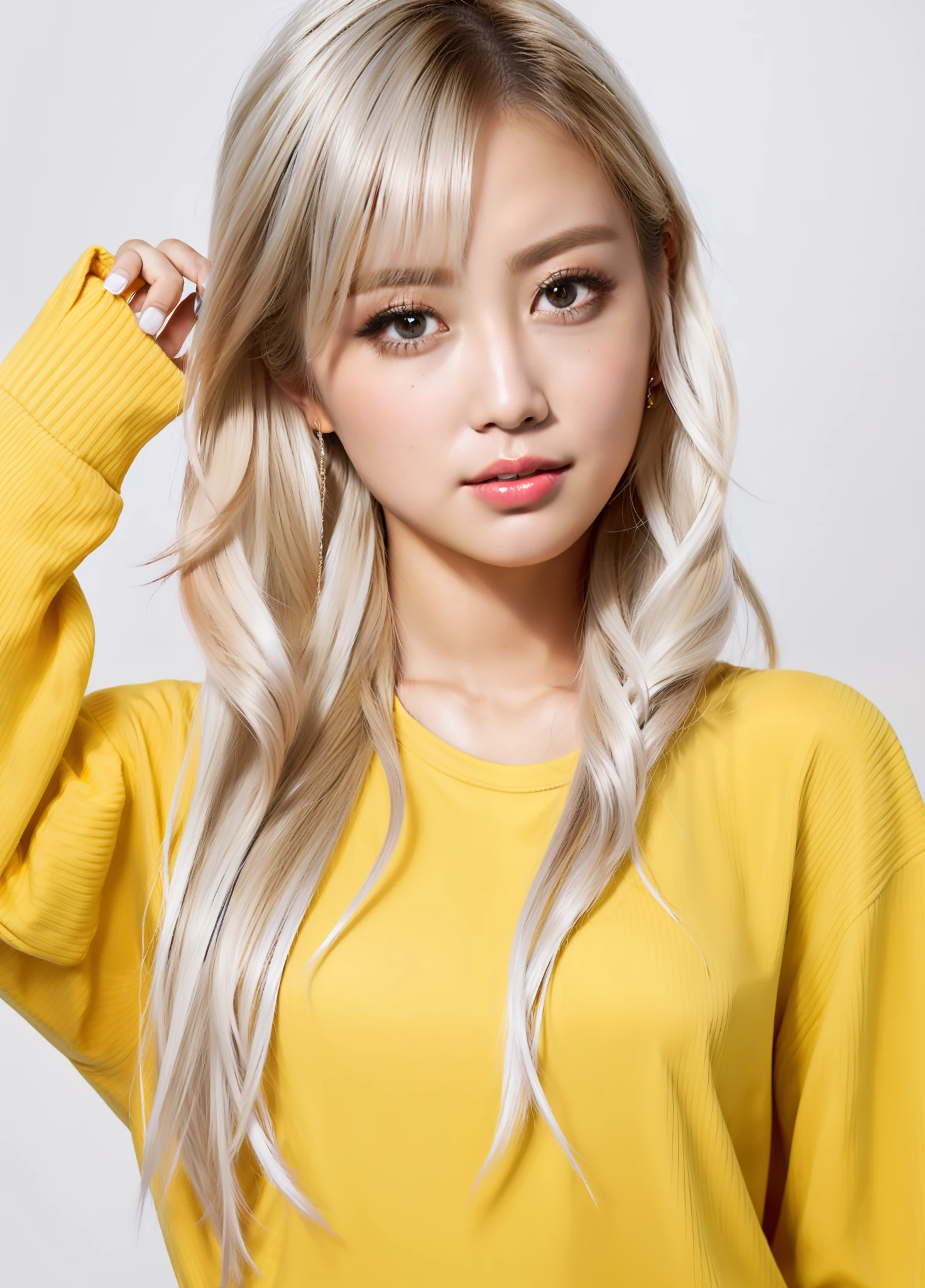Masterpiece, top quality, higher, 1 girl, beautiful face, (simple background: 1.2), Asian, (black business suit), white skin, blonde hair, twice Sana