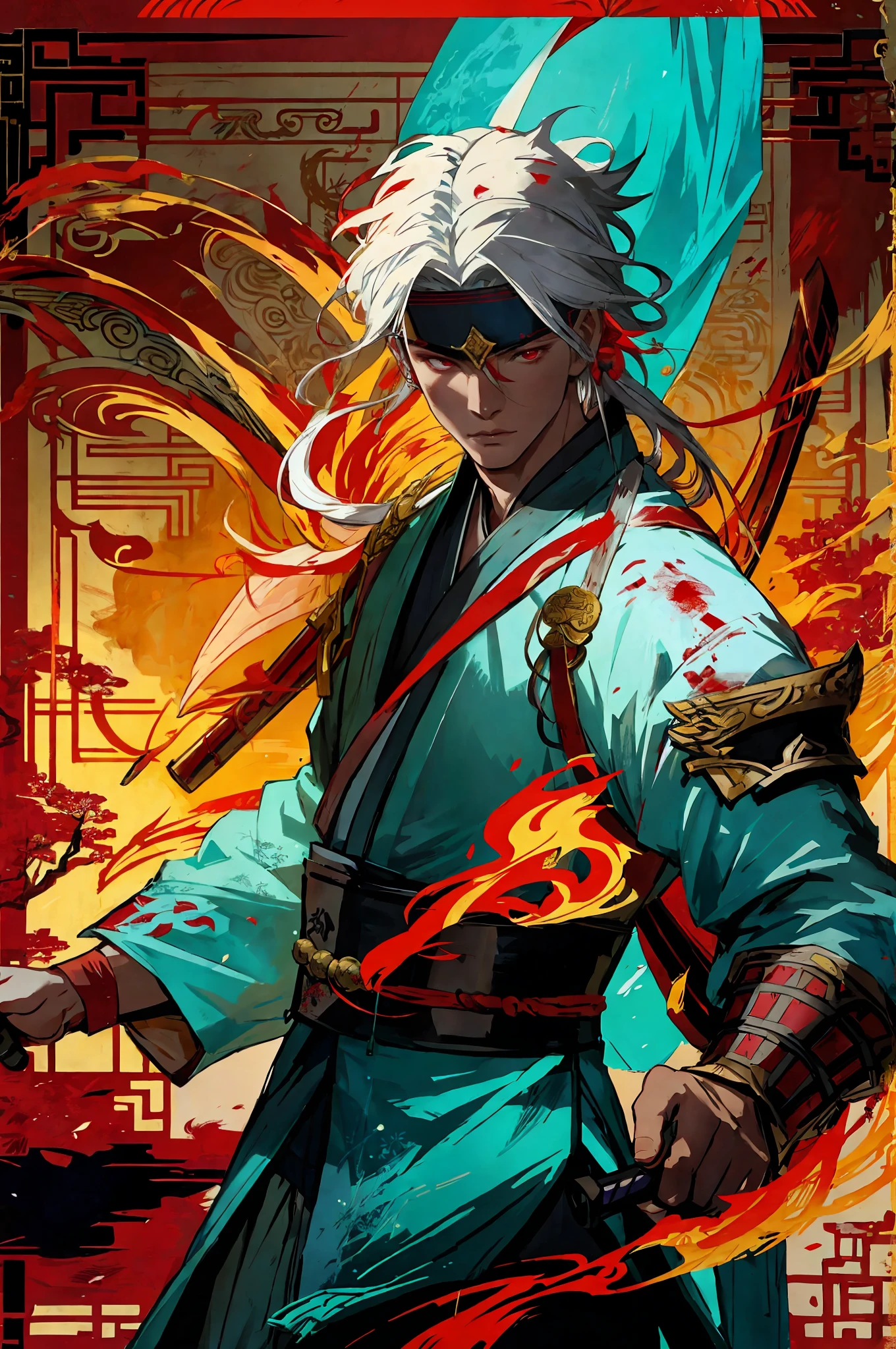 Ancient Chinese battlefield, ancient boy, delicate face, white hair, long hair, red eyes, wearing exquisite fairy costumes, holding a sword, blood on the face, resolute eyes, flames behind the back, masterpieces, superlative, illustrations, epic composition,