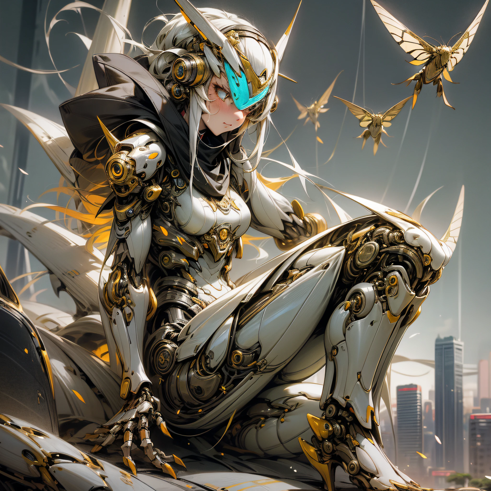 Woman in silkworm moth color costume, best anime 4K wallpaper, full body, cyberpunk silkworm moth, mechanized valkyrie girl, biomechanical, highly detailed artgerm based on silkworm moth, cyborg silk moth, anime style 4k, silkworm moth
