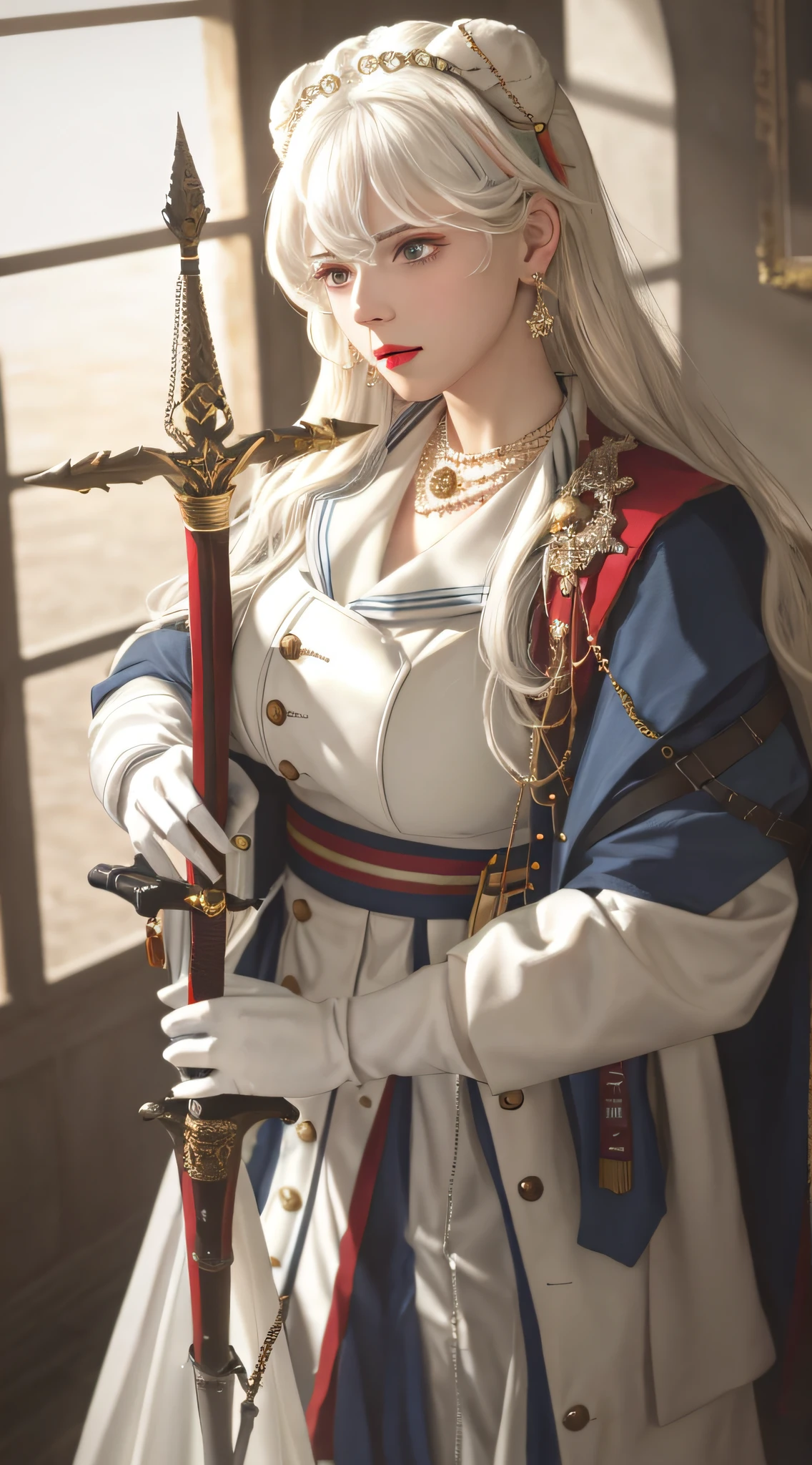 At war, upset, necklace, earrings, full body, long white hair, uniform, carrying sword, superb, ultra-high-definition, RAW photo, realism: 1.25), (bright lip gloss, long eyelashes, smooth face, bright skin, natural shadows, wide light, wide light, depth of field, strong colors, subtle caustics: 0.8), (big tits), v6