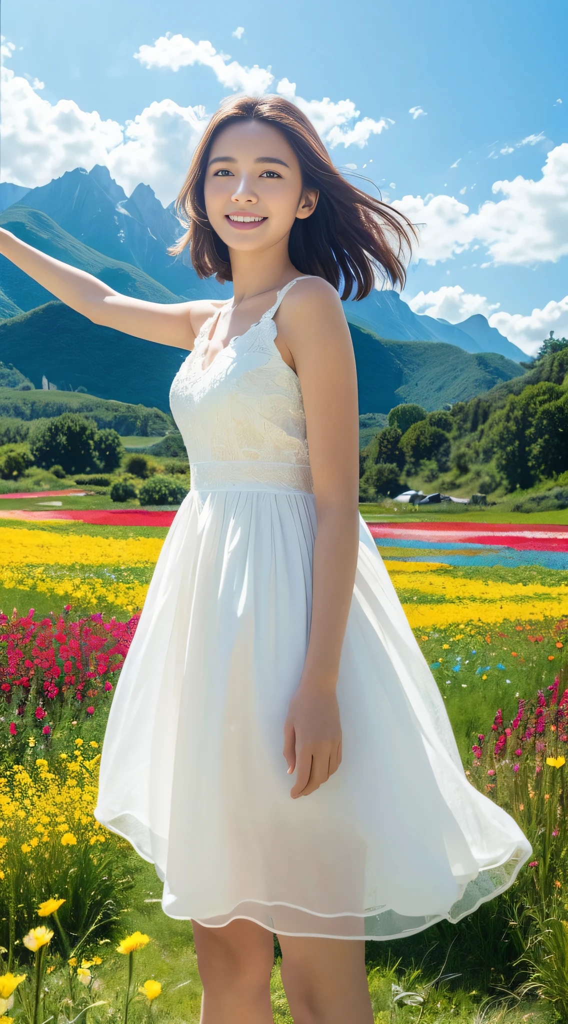 1 Girl, Dynamic Angle, Clouds and Mountains, (Flower Field: 1.4) in the foreground, White dress, Light tracing, (Floating Colorful Wind: 1) (Realistic: 1.4), Official Art, Unity 8k wallpaper, Ultra detailed, Beautiful and beautiful, Masterpiece, Best Quality, Glow Skin, Movie Lighting, Light Smile