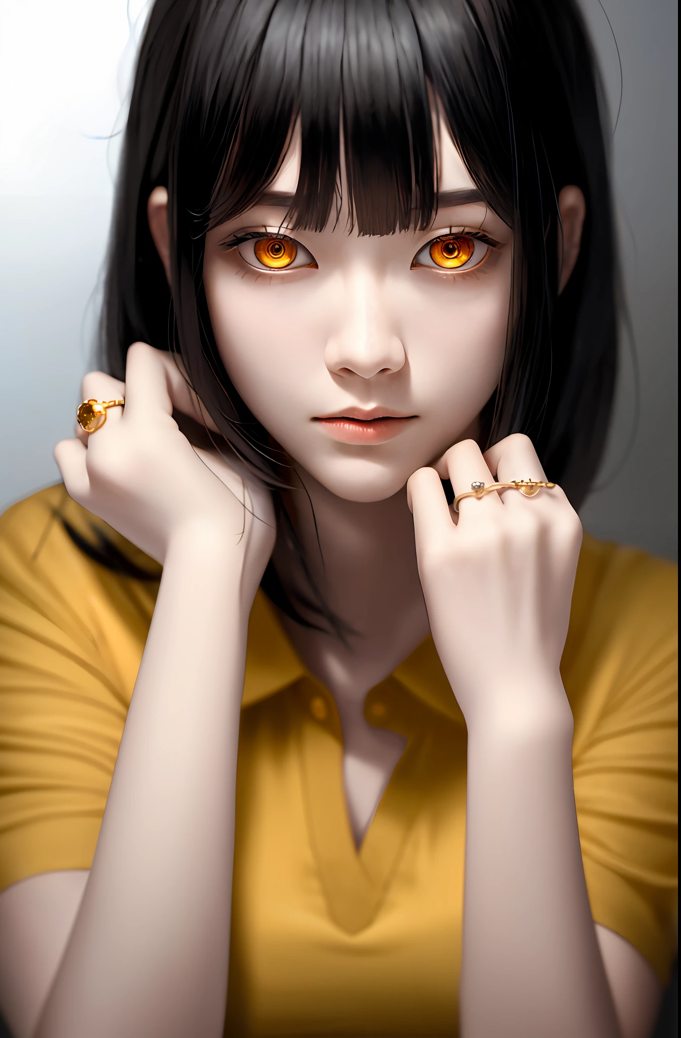 Masterpiece, (Photorealistic: 1.4), Best Quality, Beautiful Lighting, (ulzzang-6500:0.5), Makima \(Chainsaw Man\), (Bob Hair) + (Black Hair) + (Bangs), Yellow Eyes, Golden Eyes, (((Ring-shaped Eyes)), (Red Shirt), RAW Photography, 8k UHD, Film Grain