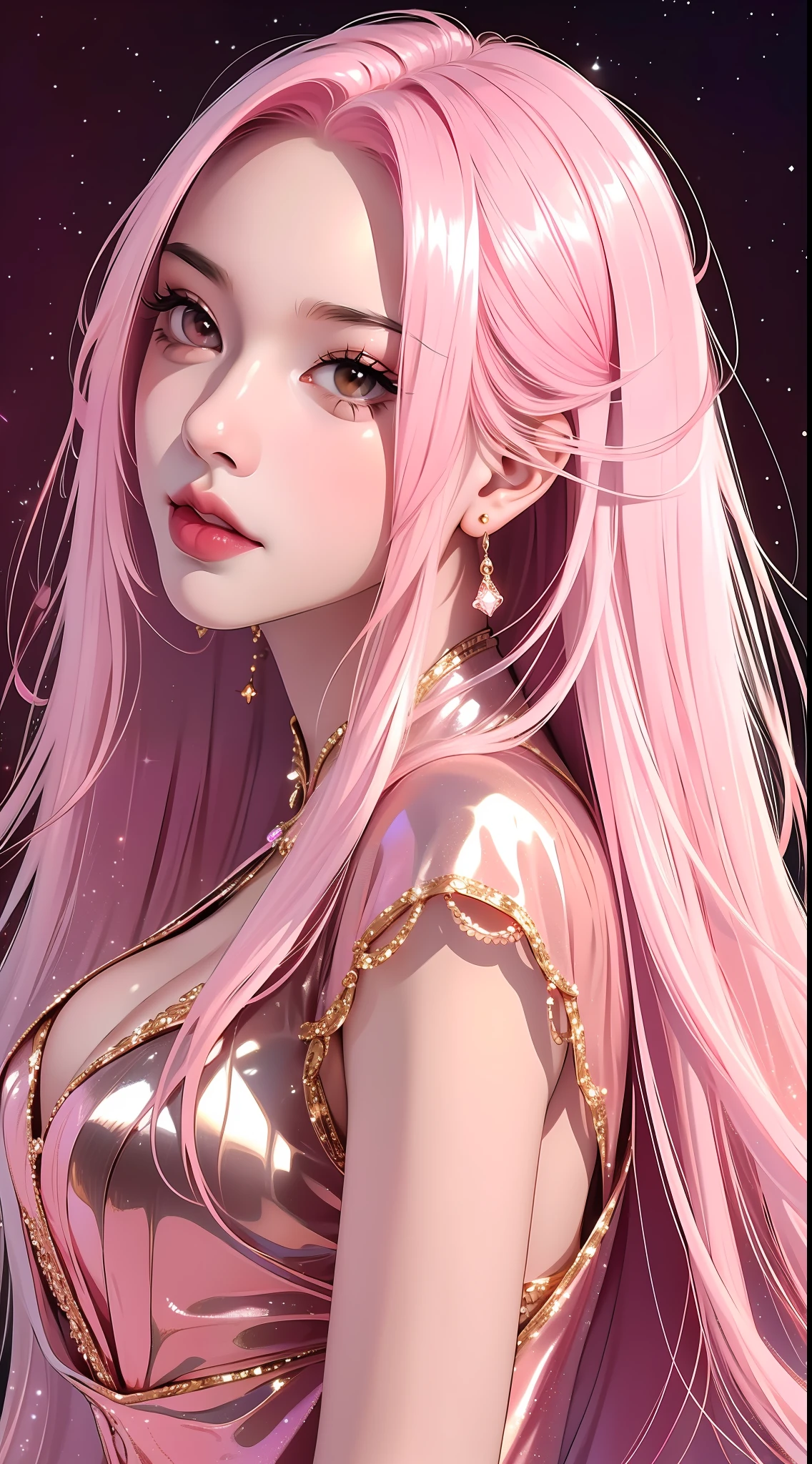(Light makeup) peerless beauty, pink long hair, metallic dress, shiny, shiny, dreamy, gorgeous dress, detailed facial features, real texture, black background