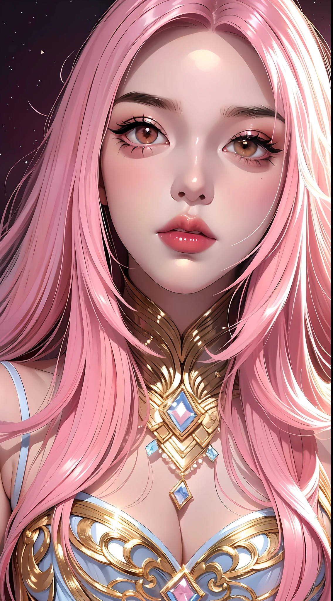 (Light makeup) peerless beauty, pink long hair, metallic dress, shiny, shiny, dreamy, gorgeous dress, detailed facial features, real texture, black background