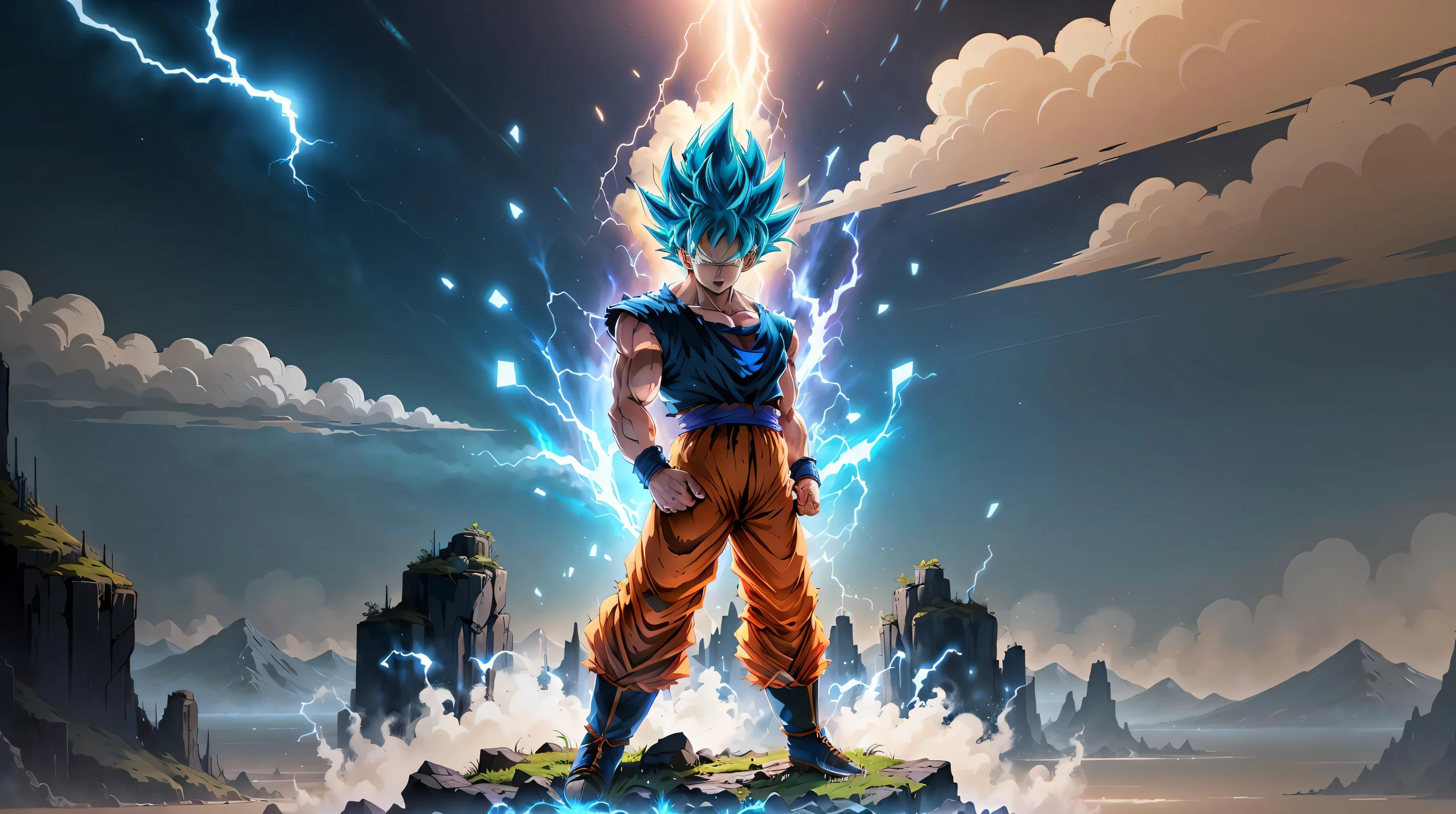 Super Saiyan Goku unleashes a massive energy wave while standing on top of a mountain, the surroundings are filled with lush greenery, and the sky is a mix of orange and purple hues. The energy wave is bright blue with electric sparks around it. (anime:1.2), (dramatic lighting:1.1), (vibrant colors:1.3), (cell-shaded:1.1), (dynamic composition:1.2)