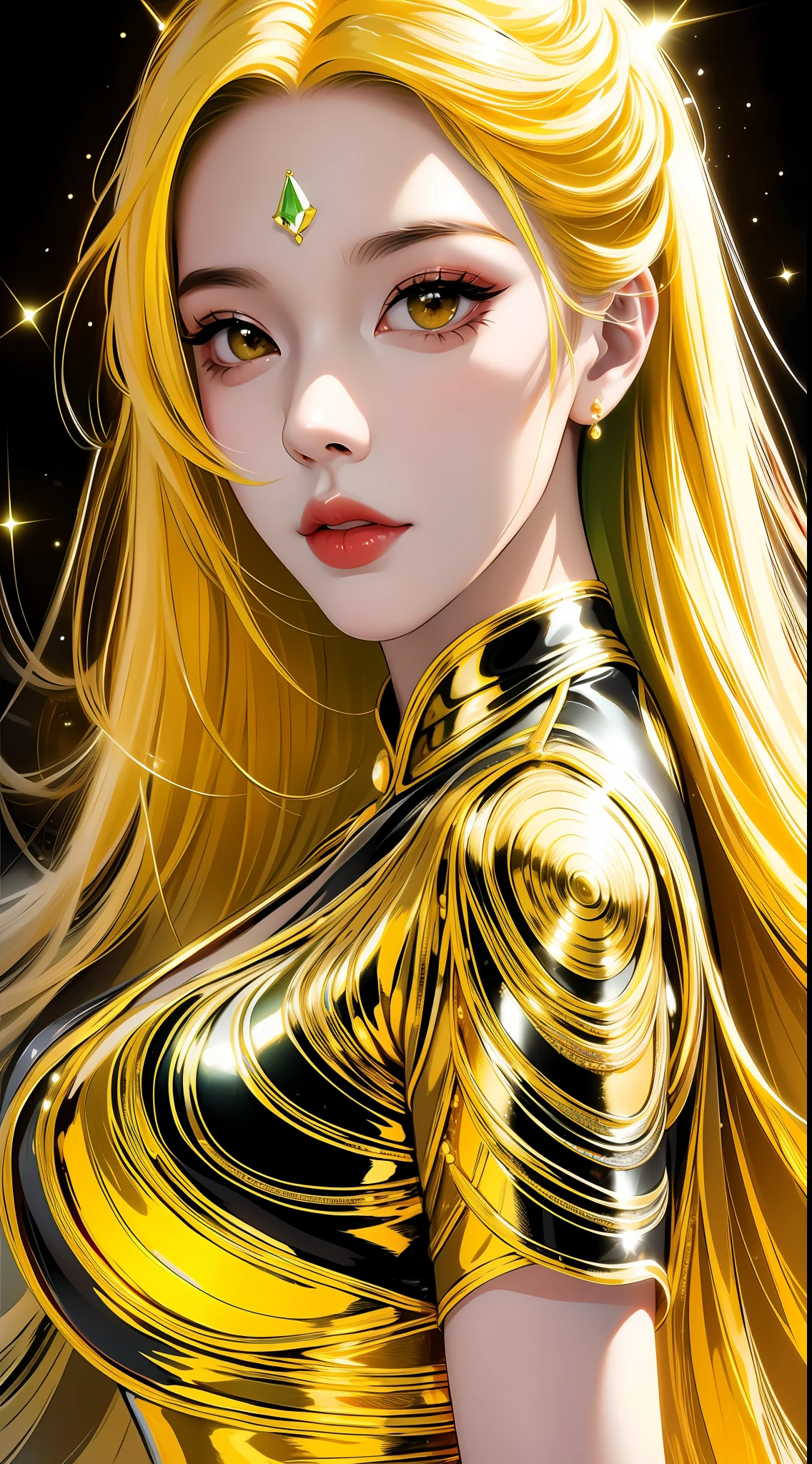 【Light makeup】Peerless beauty, long yellow hair, metallic green dress, shiny, shiny, dreamy, gorgeous dress, detailed facial features, real texture, black background