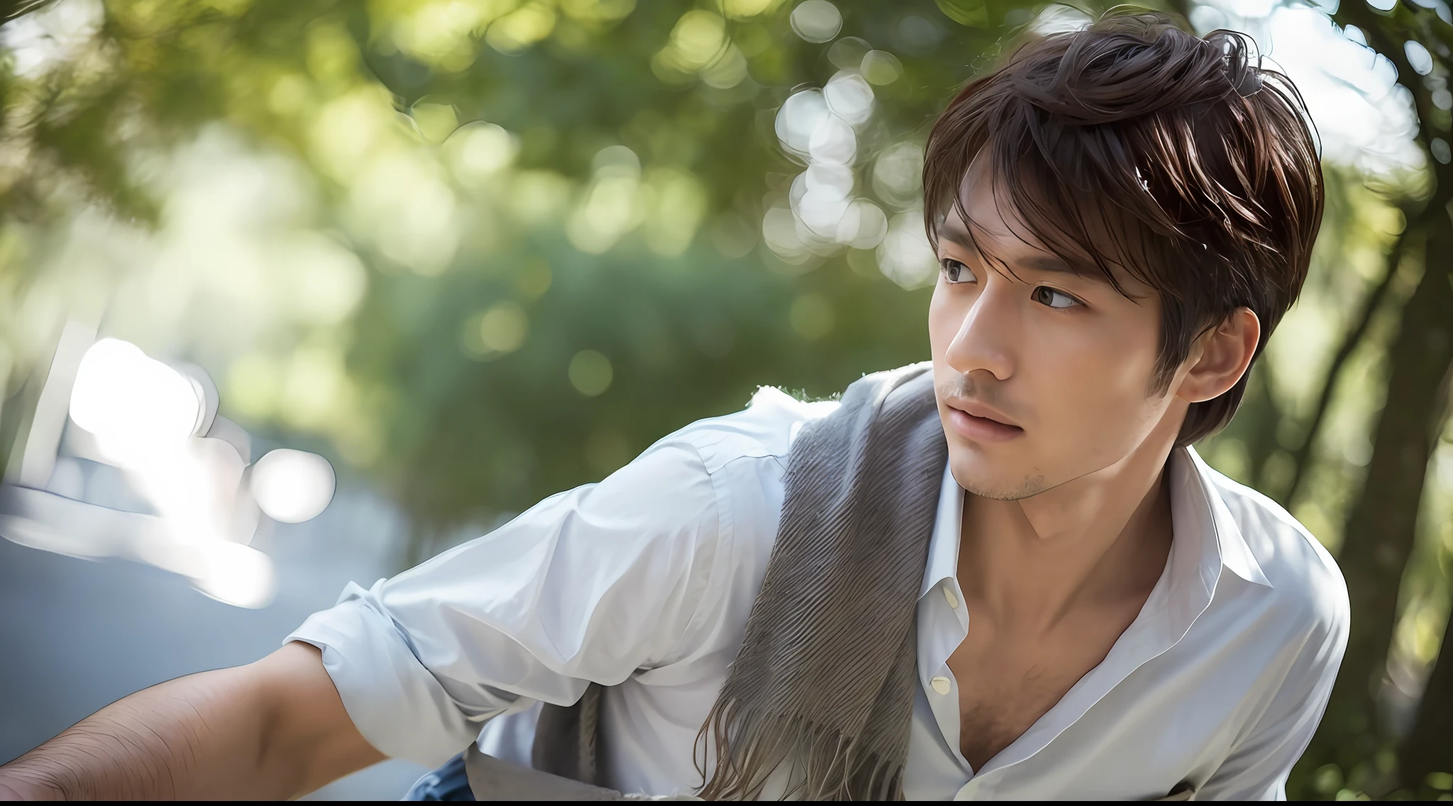((Best quality, 8k, Masterpiece :1.3)), Sharp focus :1.2, A pretty woman with perfect figure :1.4, Slender abs :1.2, ((Dark brown hair,breasts :1.2)), (white long formal shirt)(buttoning up his shirt.), grey background:1.2, Highly detailed face and skin texture, Detailed eyes, Double eyelid,fashion model posing,cowboy shot,white pants,sunlight filtering through trees,(wears a gray scarf around his neck.)1 girl, 1 men,