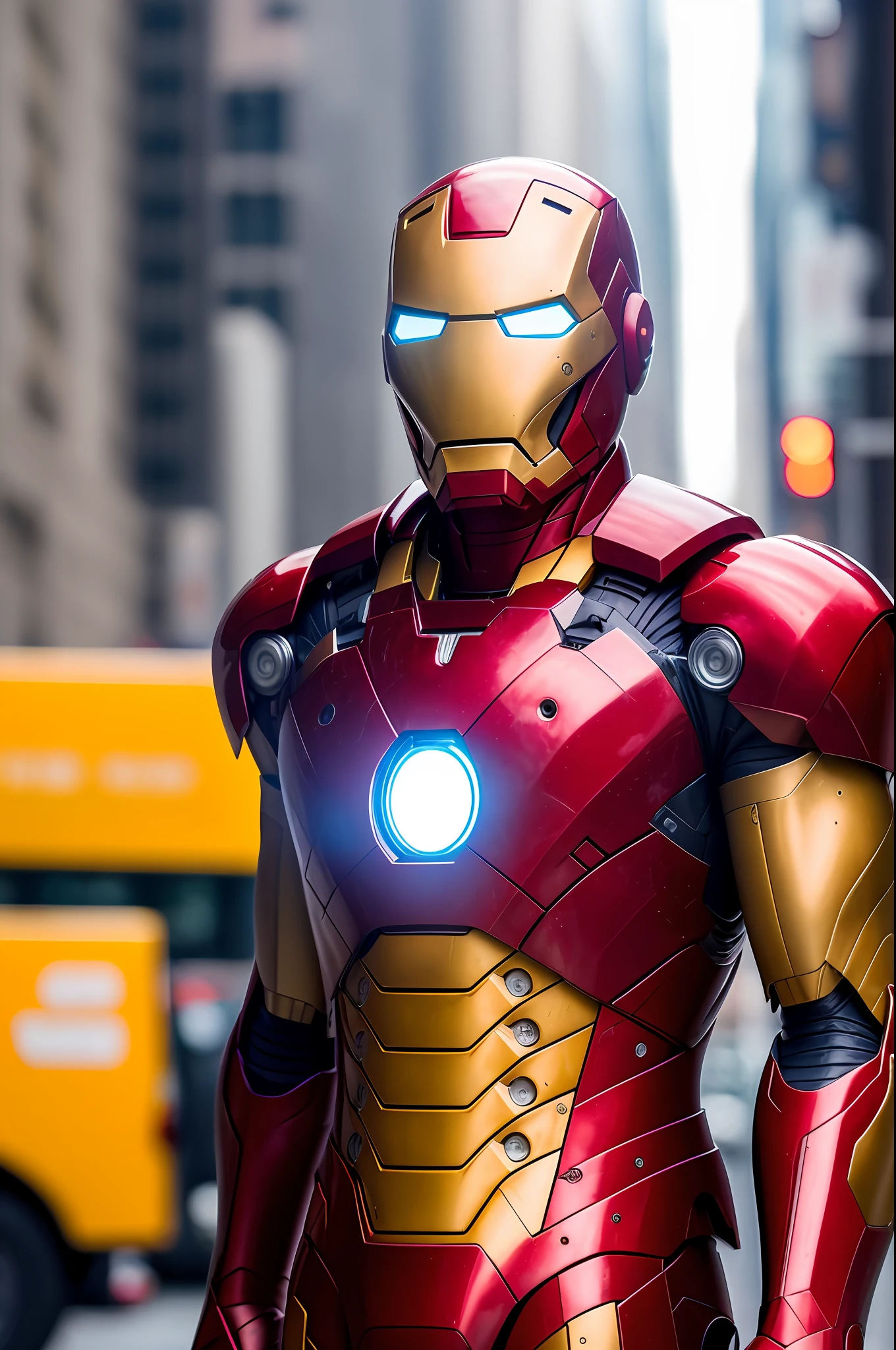 Masterpiece, Robert Downey Jr. standing on the streets of New York in an Iron Man suit, reference to the Hollywood movie "Iron Man", (Iron Man suit: 1.3), (Mr. Bean's big nose: 1.2), (high detail: 1 1), rough face, natural skin, high quality, nsfw, beautiful eyes, (detailed face and eyes), (face: 1 2), noise, extra, real photo, PSD, light film photography, clear focus, contrast lighting, detailed skin, high resolution 8k, Crazy detail, realistic, professional photography, 8k UHD, DSLR, soft light, high quality, film grain, Fujifilm XT3