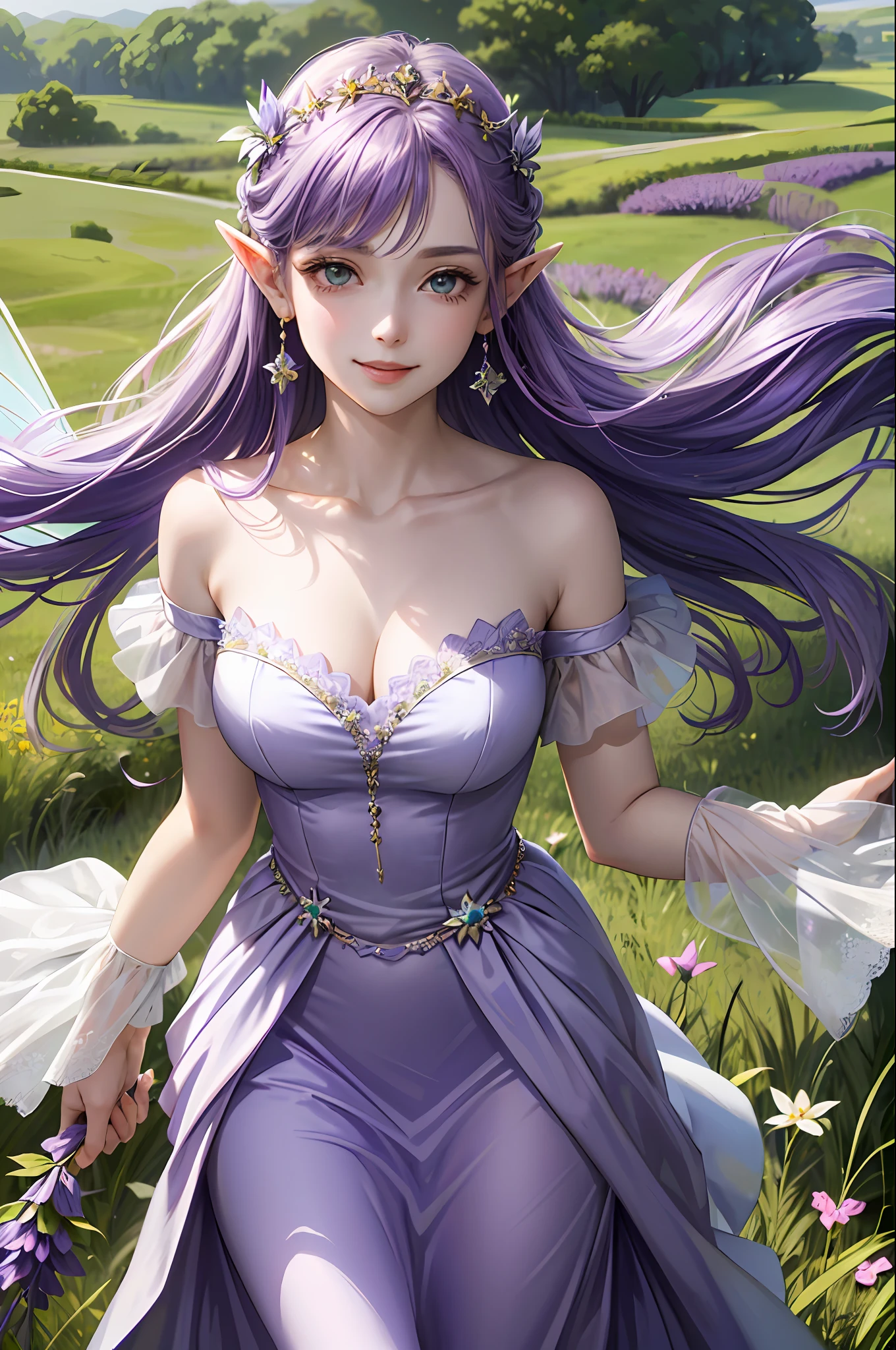 (face focus), (1 girl, woman, solo, pale skin, cute), (straight hair, purple hair, green eyes, cute face, smile), fairy girl, fairy wings, pale purple long dress, lavender bouquet, fairy, elf ears, fairy wings, golden tiara, lavender, lavender hair ornament, standing in lavender field, earrings