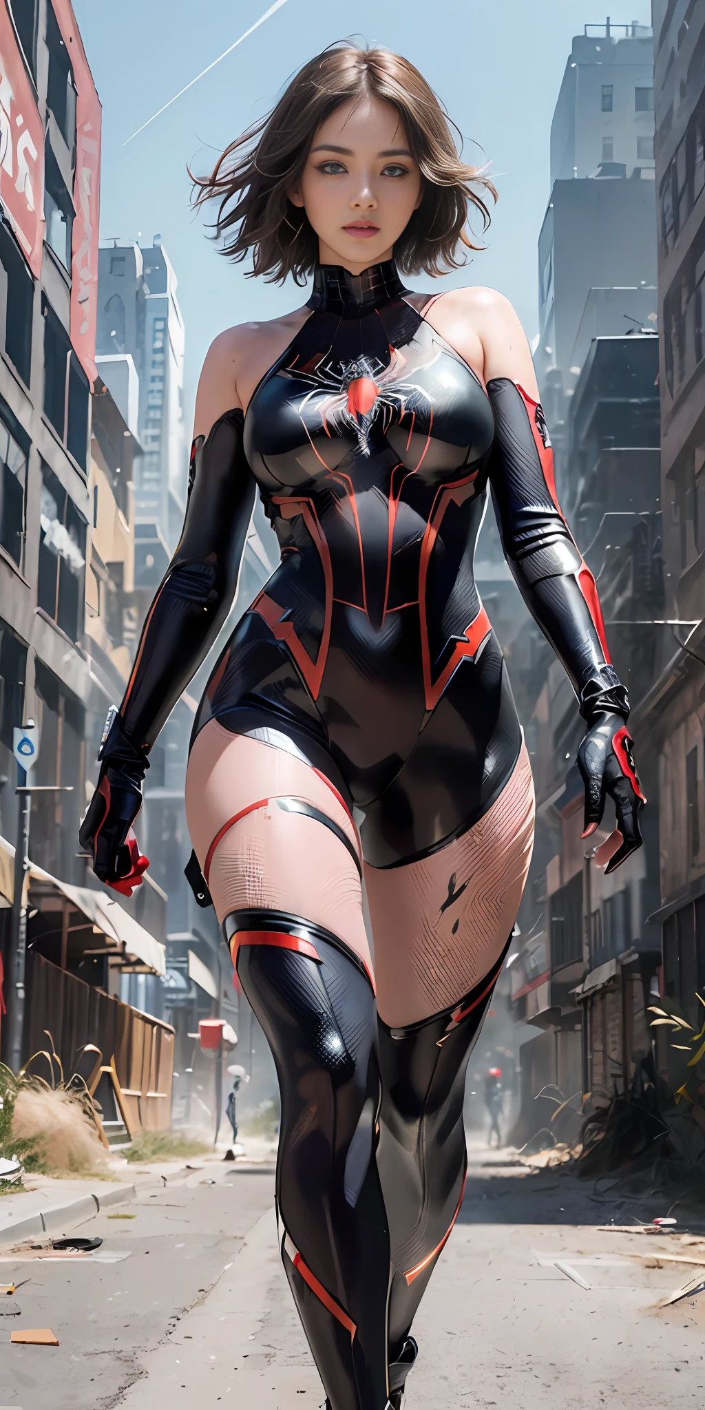 (1girl:1.3), solo, (((extremely detailed face))),(((extremely detailed eyes and face))),beautiful detailed eyes,body-parts__, official art, unified 8k wallpaper, super detailed, beautiful and aesthetic, beautiful, masterpiece, best quality, raw, masterpiece, super fine photo, best quality, super high resolution, photorealistic realism, sunlight, full body portrait, amazing beauty,, dynamic pose, delicate face, vibrant eyes, (from the front), she is wearing a Spider-man suit, red and black color scheme, spider, very detailed abandoned warehouse background, Detailed face, detailed complex busy background, messy, gorgeous, milky white, highly detailed skin, realistic skin details, visible pores, sharp focus, volumetric fog, 8k uhd, DSLR, high quality, film grain, fair skin, photo realism, lomography, huge metropolis in future dystopia, seen from below, translucent