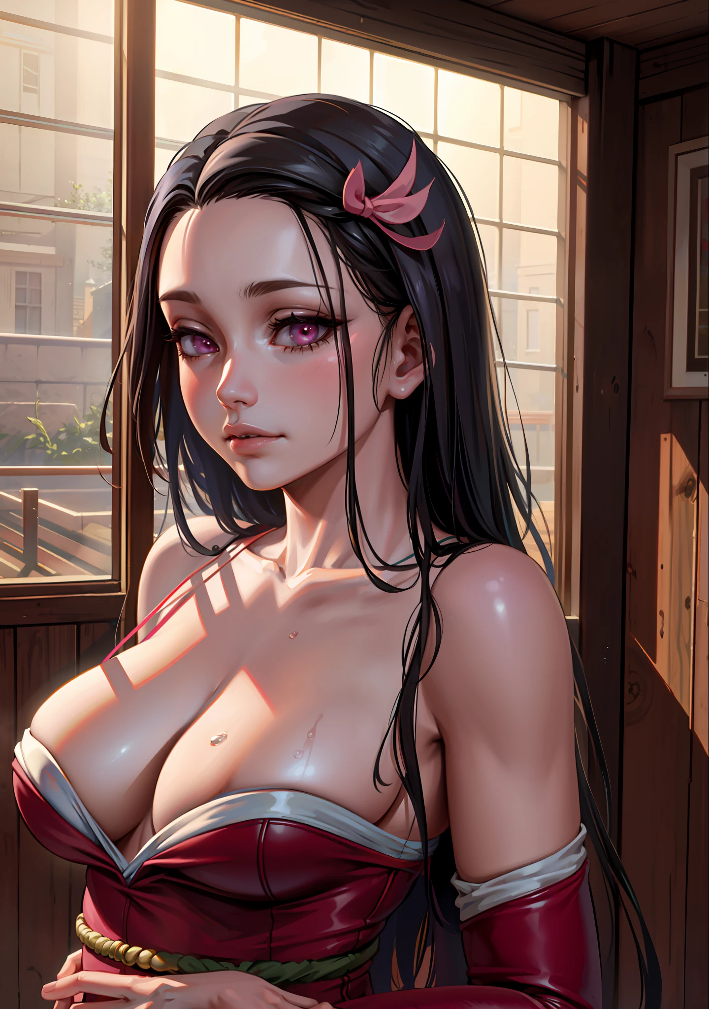 masterpiece, photography, realistic eyes, best quality, gag, bamboo, closed mouth, beautiful lighting, cinematic, 8k, 1girl, facial, wet face, liner, wooden walls, medium tits, breasts, kamado nezuko, pink eyes,