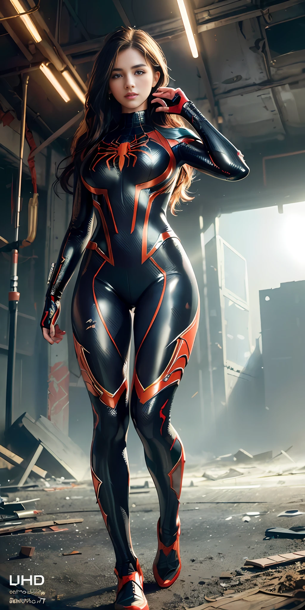 (1girl:1.3), solo, (((extremely detailed face))),(((extremely detailed eyes and face))),beautiful detailed eyes,body-parts__, official art, unified 8k wallpaper, super detailed, beautiful and aesthetic, beautiful, masterpiece, best quality, raw, masterpiece, super fine photo, best quality, super high resolution, photorealistic realism, sunlight, full body portrait, amazing beauty,, dynamic pose, delicate face, vibrant eyes, (from the front), she is wearing a Spider-man suit, red and black color scheme, spider, very detailed abandoned warehouse background, Detailed face, detailed complex busy background, messy, gorgeous, milky white, highly detailed skin, realistic skin details, visible pores, sharp focus, volumetric fog, 8k uhd, DSLR, high quality, film grain, fair skin, photo realism, lomography, huge metropolis in future dystopia, seen from below, translucent