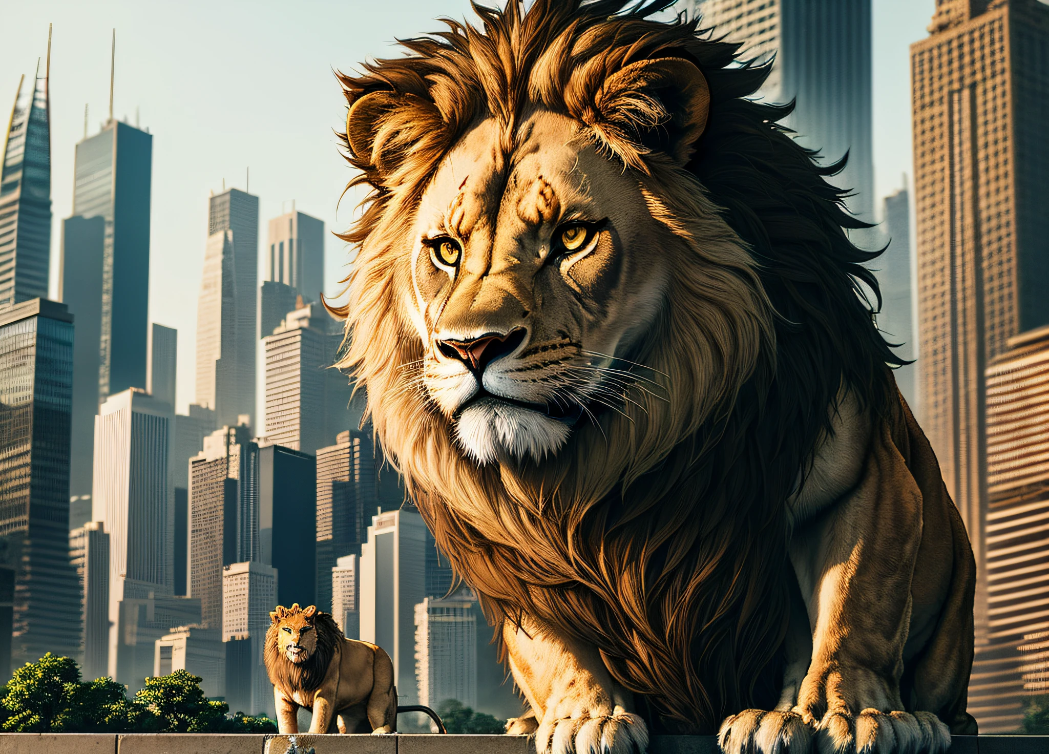 Lion in downtown, (surprising sight), (amidst skyscrapers), (city chaos). (Curious onlookers), (cautious yet confident). (Urban jungle), (contrast of nature and civilization). (Roaring presence), (captivating attention). (Symbol of strength and power), (unpredictable encounter).