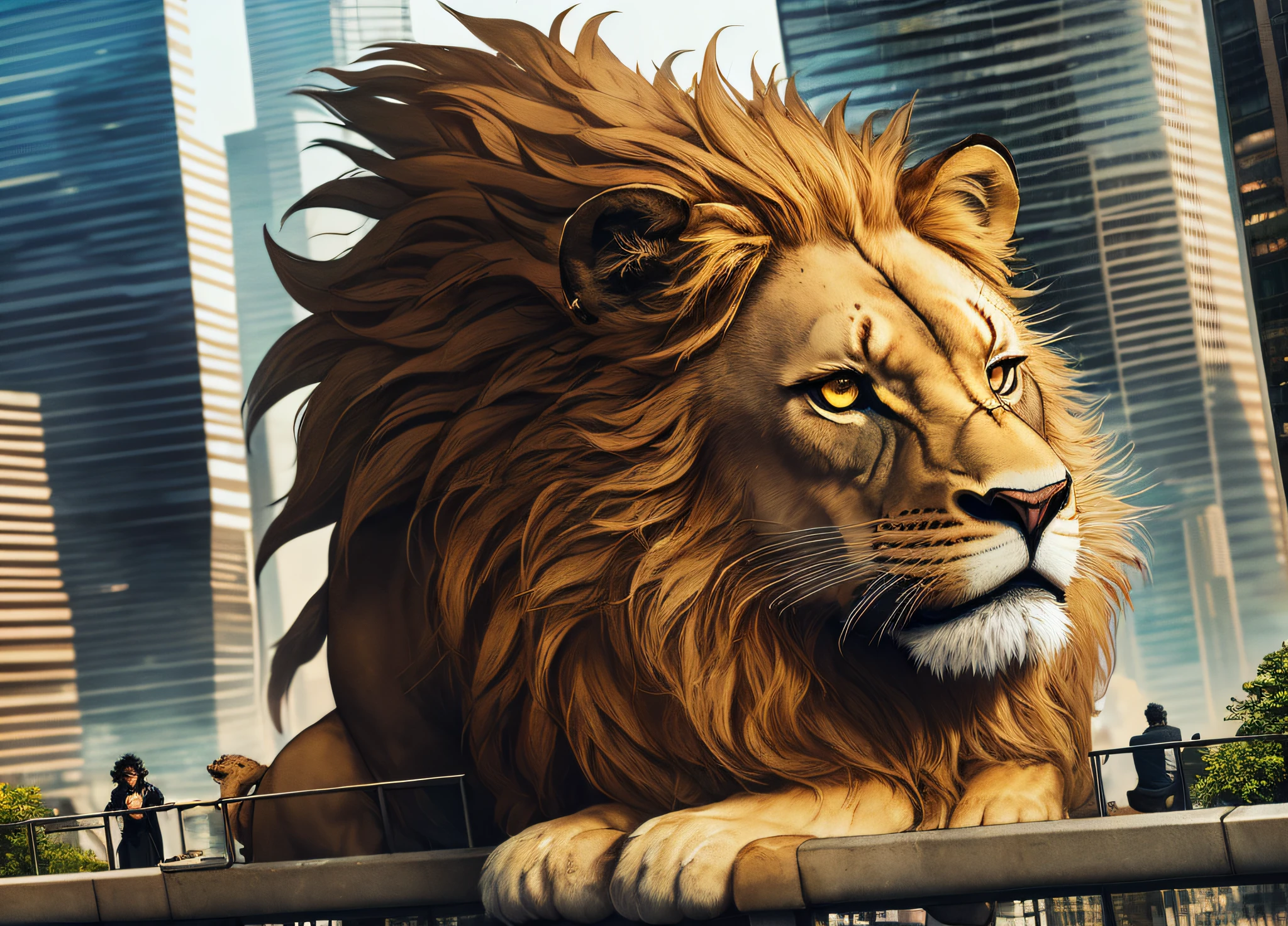 Lion in downtown, (surprising sight), (amidst skyscrapers), (city chaos). (Curious onlookers), (cautious yet confident). (Urban jungle), (contrast of nature and civilization). (Roaring presence), (captivating attention). (Symbol of strength and power), (unpredictable encounter).