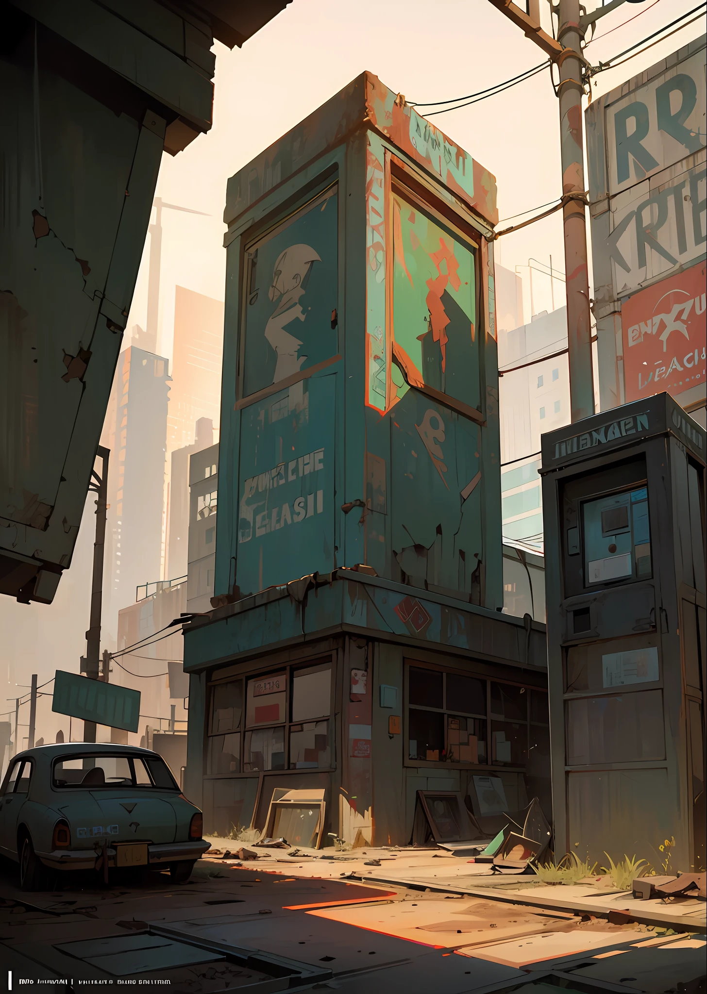 hyper-realistic and very detailed illustration of an abandoned square, a point of view from the outside, an image very loaded with objects, a point of view from below, a dirty and cracked concrete staircase, metal signs, seats, cables, a pole, a pastel blue telephone booth, rusty fences, white and pastel yellow walls, a pallet, empty boxes, damaged wall paint, some debris on the ground, metal and rusty scrap, damaged car parts, very detailed advertising on the neon wall, floodlights (very radiant), artificial and sterile environment, bright day, very dark shadows of the landscape, red and green neon lights, soil with a lot of desert sand littering the entire landscape, very clear details and high contrast, zombie dog