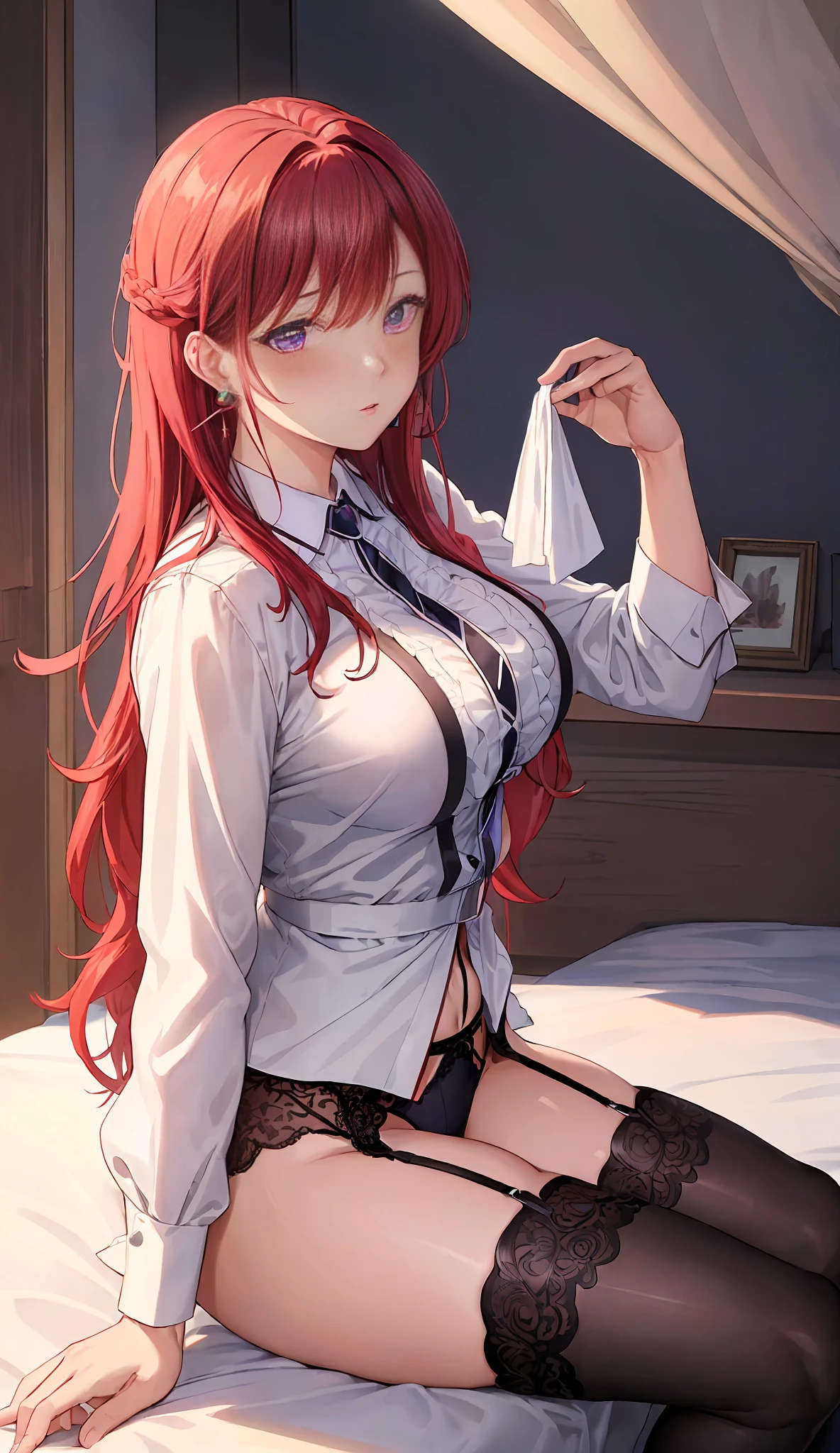 (Masterpiece, Best Quality, High Quality:1.4), professional artwork, Intricate Details, field of view, sharp focus, detailed painting, masterpiece, cinematic lighting, trending on pixiv, (vivid lighting, vibrant colors, by by Nagasawa Rosetsu:1.05),
Hiroko Takashiro, (mature female, milf:1.1), (curvy:1.1), (sitting, on bed, panties down, masturbating, spread legs:1.15), room, (cowboy shot:1.1),
(red hair:1.05), long hair, ultra detail hair, ultra detail face, (purple eyes:1.05), perfect eyes, perfect face, earrings,, blush:1.2),
shirt, (black thighhighs, garter belt:1.1), (zettai ryouiki:0.8),
(Large Breasts:1.1), big ass, thights,, focus:1.1),