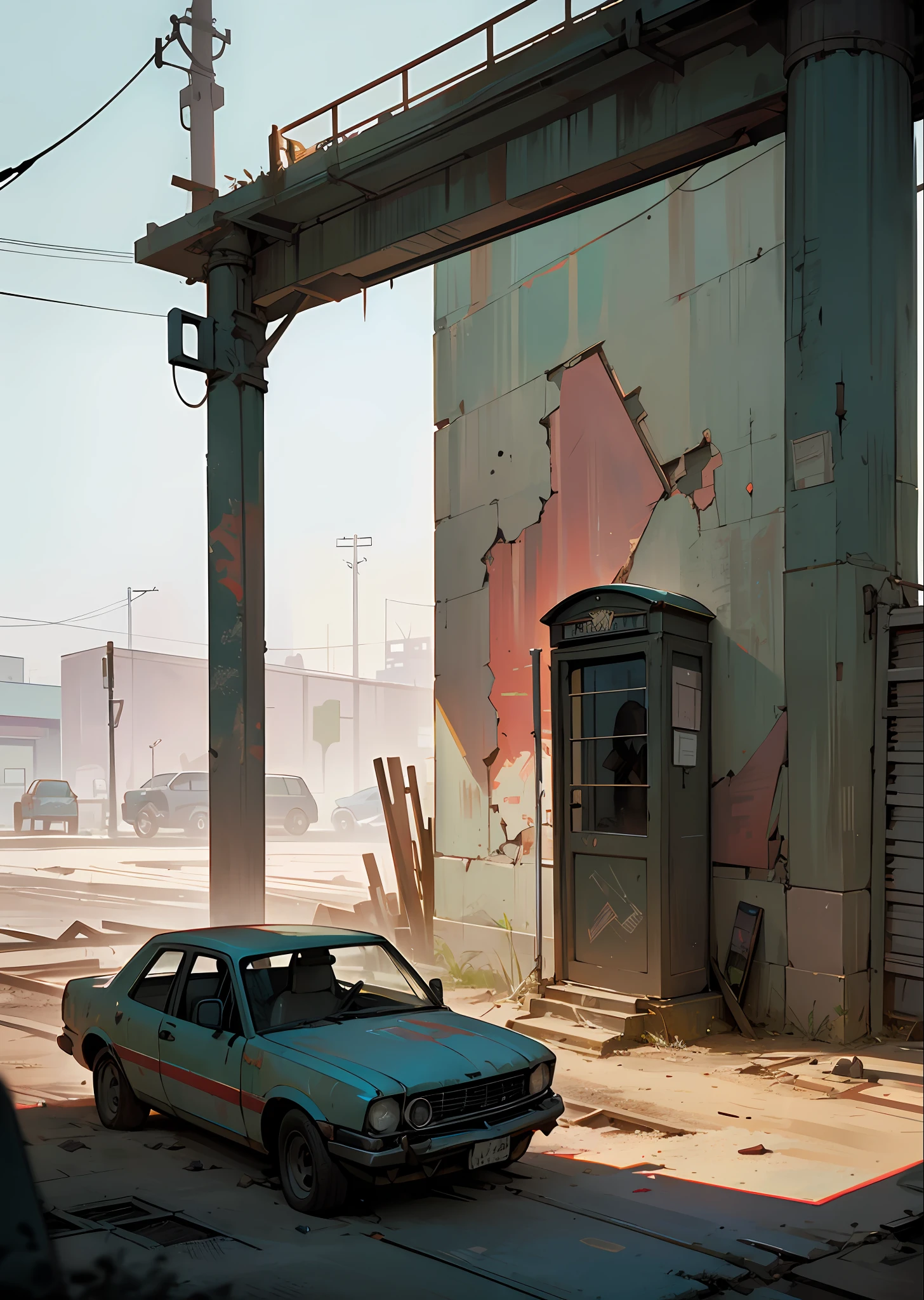 hyper-realistic and very detailed illustration of an abandoned square, a point of view from the outside, an image very loaded with objects, a point of view from below, a dirty and cracked concrete staircase, metal signs, seats, cables, a pole, a pastel blue telephone booth, rusty fences, white and pastel yellow walls, a pallet, empty boxes, damaged wall paint, some debris on the ground, metal and rusty scrap, damaged car parts, very detailed advertising on the neon wall, floodlights (very radiant), artificial and sterile environment, bright day, very dark shadows of the landscape, red and green neon lights, soil with a lot of desert sand littering the entire landscape, very clear details and high contrast, zombie dog