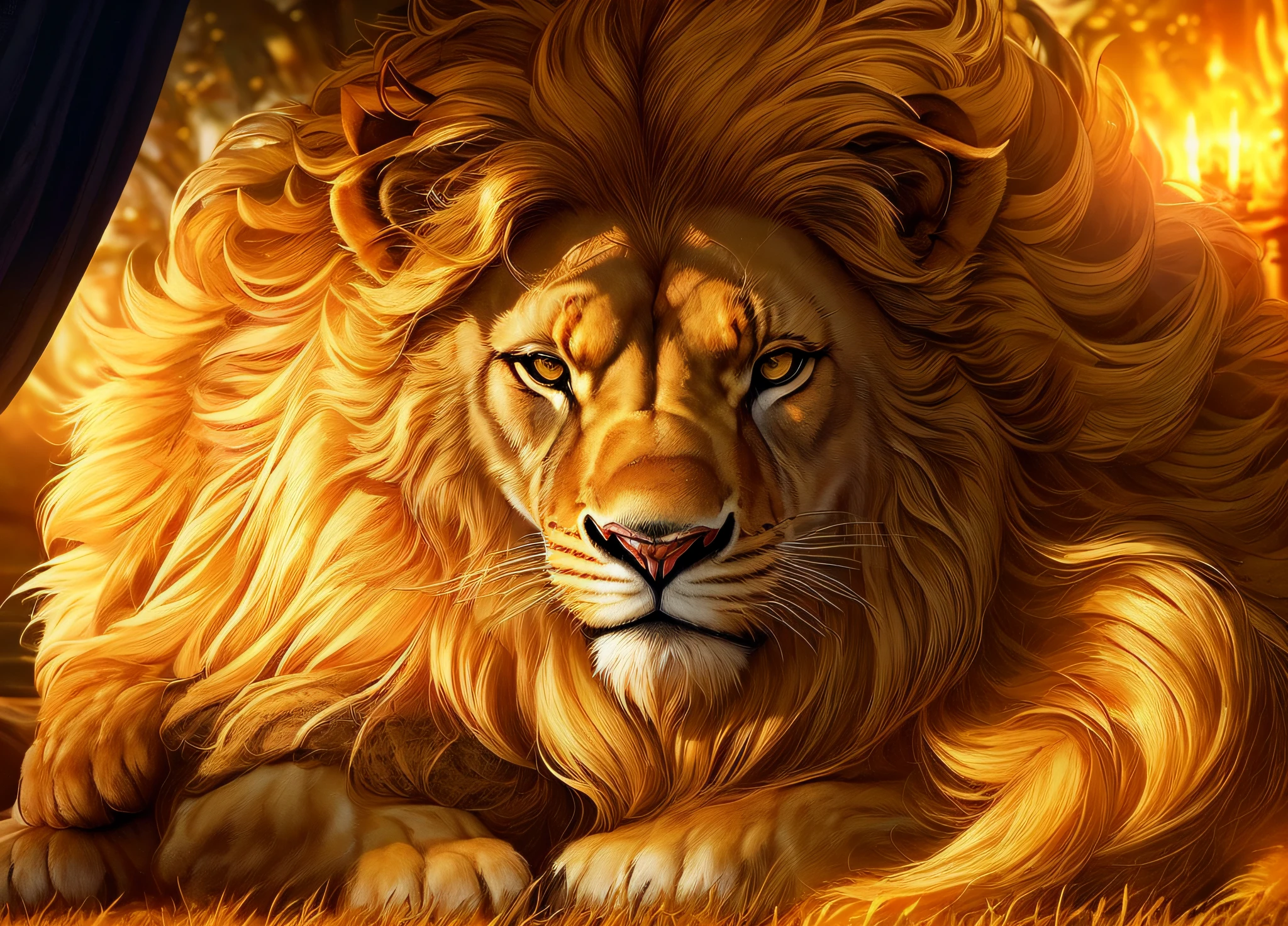 Lion King, (regal and majestic), (commanding presence), (golden mane). (Radiating authority), (respected and revered). (Leader of the pride), (protector and provider). (Wise and stoic), (deep sense of responsibility). (Symbol of courage and loyalty), (king of the animal kingdom). (Inspiration for tales and legends), (mythical aura).