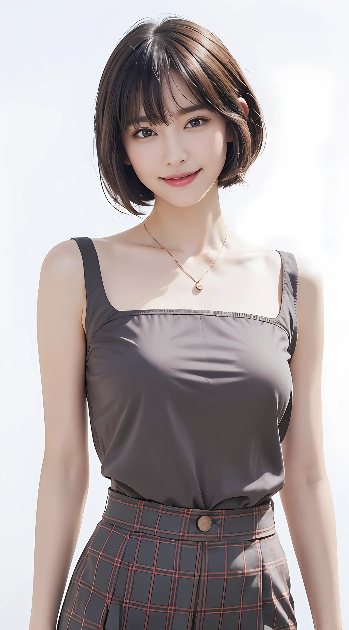 (Best Quality, 8k, Masterpiece: 1.3), Pretty Woman with Perfect Figure: 1.4, Dark Brown Hair, Wearing Pendant, Torn Shorts, Highly Detailed Face and Skin, Detailed Eyes, Double Eyelids, Best Quality, Masterpiece, (Photorealistic: 1.4), One Woman, Golden Ratio, Upper Eyes, Perfect Face, Beautiful Figure, Pretty Face, Zoom in on Face, Short Bob, Short Hair, Smile from different angles, smile, gloss, highlight, gloss, glossy on skin, bangs, cute smile, teeth, bust, refreshing charm, elegant, perfect hands, smile, shiny, glossy skin, bangs, refreshing charm, ears, gaze to the camera, poses at different angles, masterpiece, top quality, (fidelity, fidelity: 1.37), 8k, very sophisticated and beautiful, stunning, fine detailsRidiculous, huge file size, very detailed, beautiful detailed woman, very detailed eyes and face, beautiful detailed eyes, clear double, big eyes, light on face, one woman, gray hair, (perfect female figure), thin waist, (charming monkey: 1), full body, uniform, plaid skirt, collared shirt, bangs, short bob hair, skin luster, female expression, smiling, overwhelming charm, ears, no lights, white background, light background, gloss on skin, gloss on face, gloss on chest, 2 arms, 5 fingers, very fine arms, very fine hands, big breasts, breasts with arms