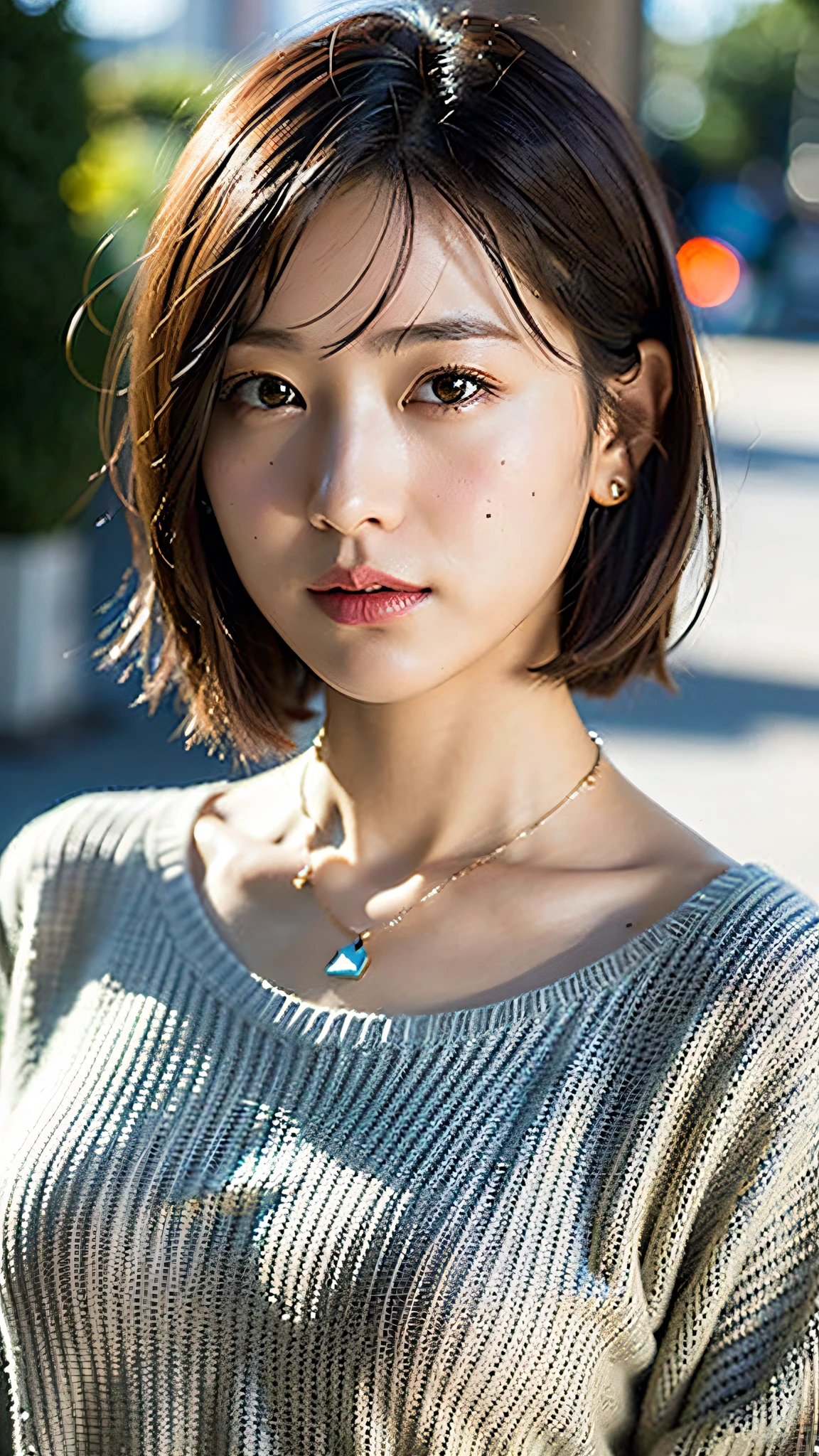 (Best Quality, 8k, 32k, Masterpiece, UHD: 1.2), Cute Japan Woman Pictures, Big, Very Short Bob Hair, Upper Body, Face Focus, oversized_sweater, Necklace, School Background, From Above, Look at the Viewer,