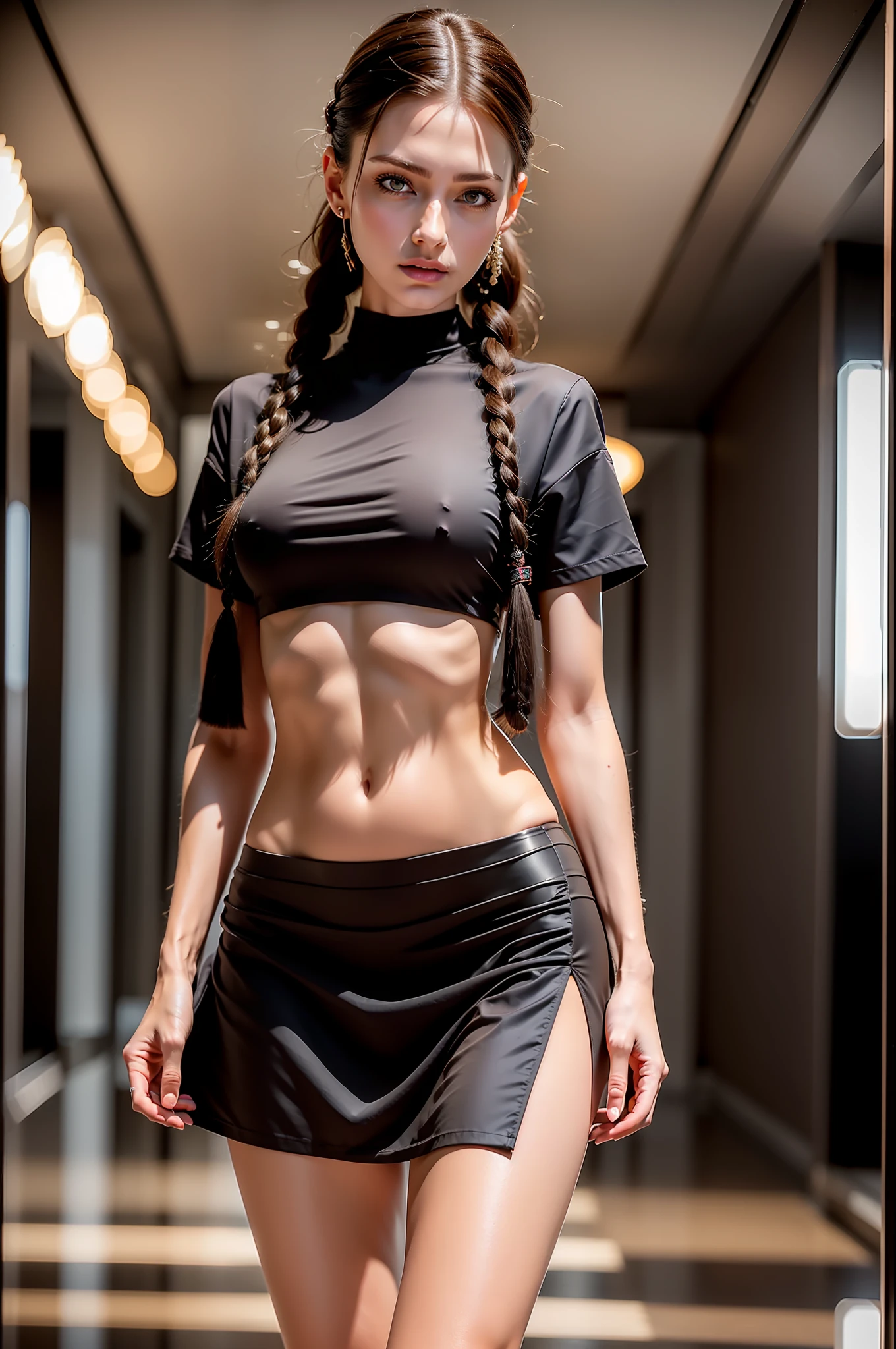 ((a tall and slender woman from Russia standing in a hotel lobby)), ((black hair braided into two braids)), ((two braids)), ((big brown eyes)), (black cropped shirt), (short silk skirt), extremely detailed, 8yk, raw photo, high level of detail, (ray tracing), (masterpiece), (best quality), high resolution, (realistic: 1.4), physically based representation, ultrarealistic, full body, natural light, double eyelids, ((detailed realistic Face and eyes)), cinematic lighting, 8K resolution, (model shooting style), ((small round breasts)), (natural skin texture)