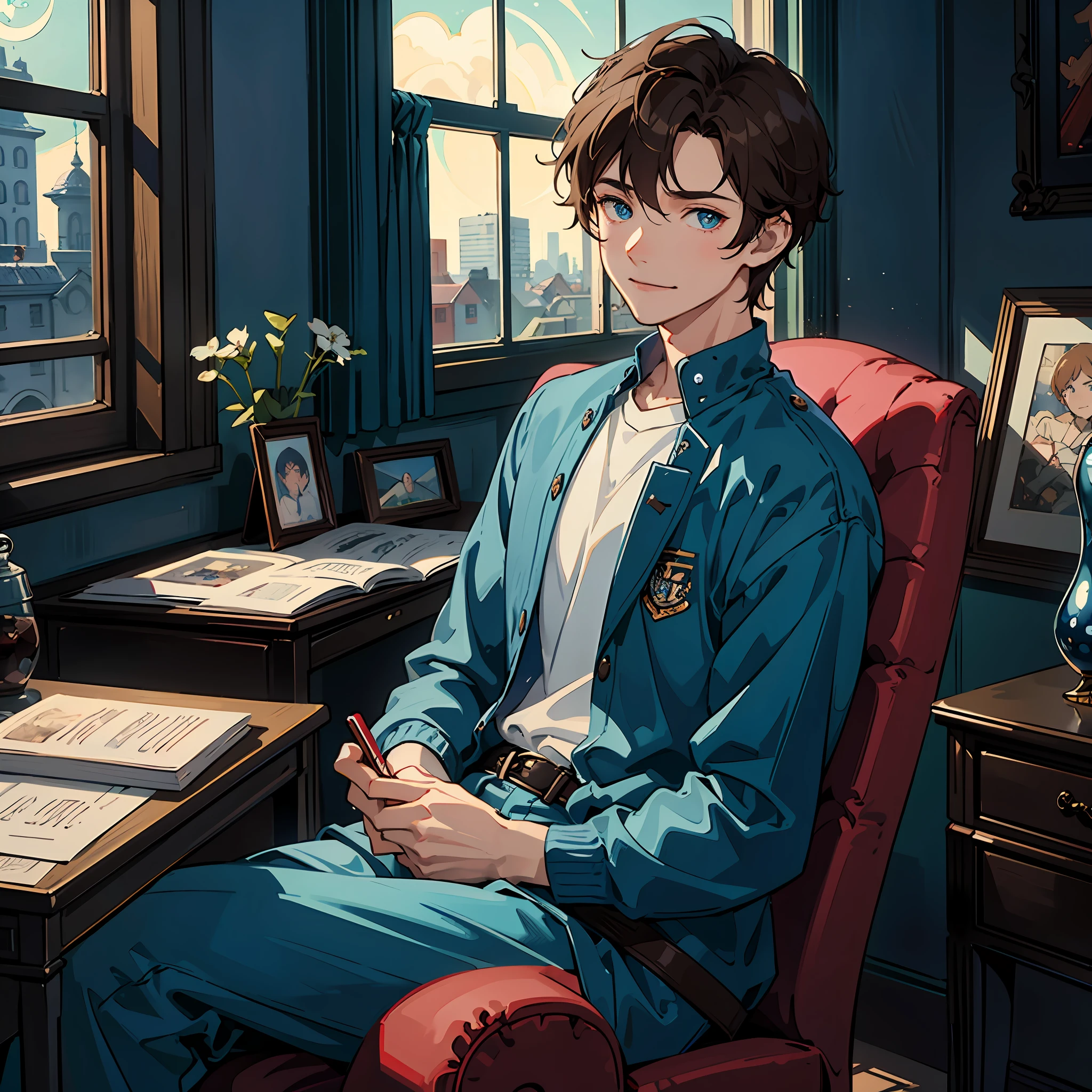 A one man with brown hair and blue eyes sits on a chair in his room on a small library and red book at night, beside him a small, window through which the moonlight looks at him, color contact lenses, tired, sad smile, high detail, blind box toy style, modern, film grain, UHD, masterpiece, super detail, anime style