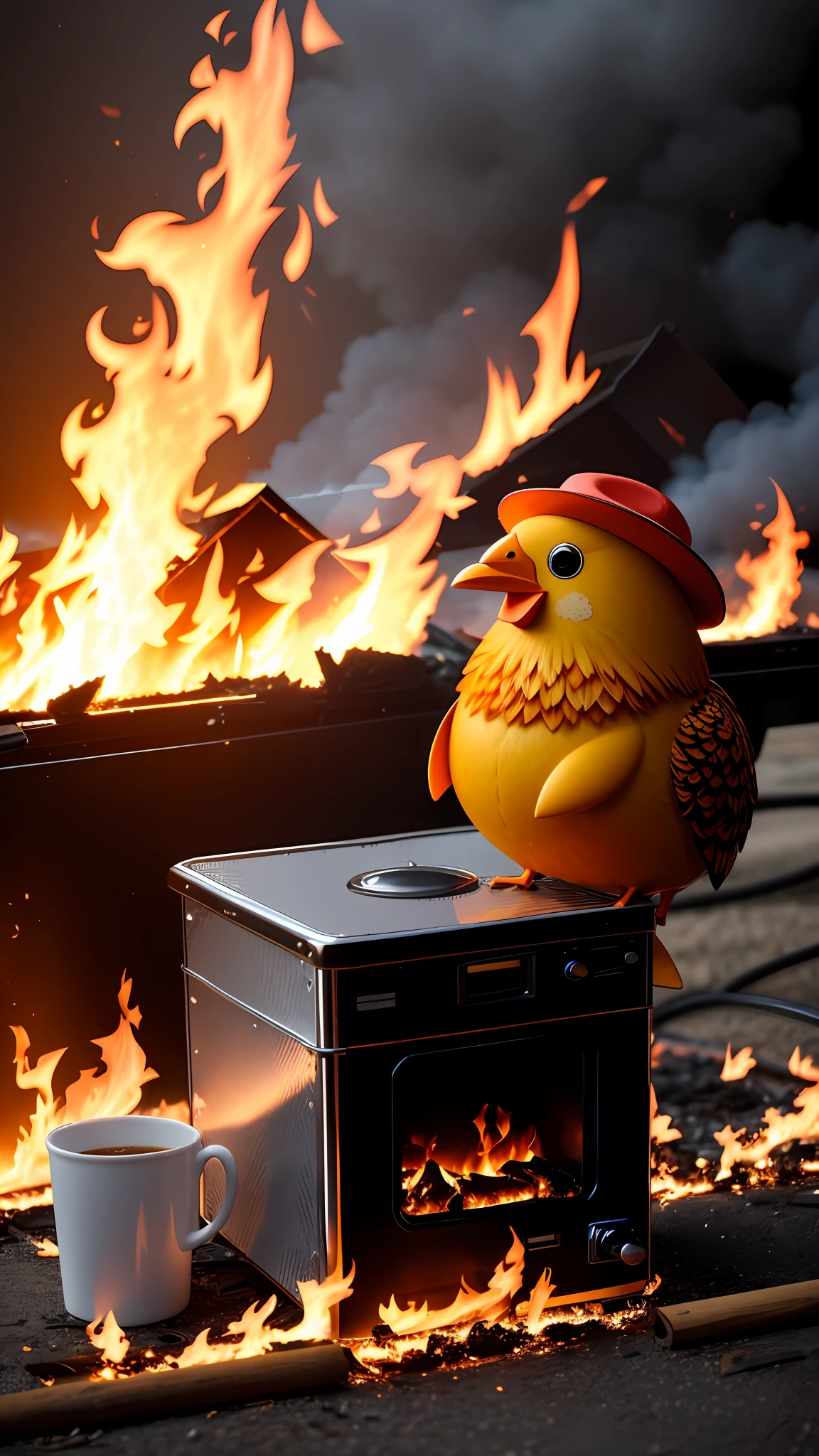 (Best quality: 1.23), (Masterpiece: 1.12), (Realistic: 1.24), (Anthropomorphic chicken: 1.5) holding a coffee cup, sitting, wearing a robe, eating breakfast, holding a coffee cup, hat, particles, volumetric light, the room burned down, the floor and chairs caught fire, many gadgets and equipment caught fire, smoked, (surrounding flames: 1.2),