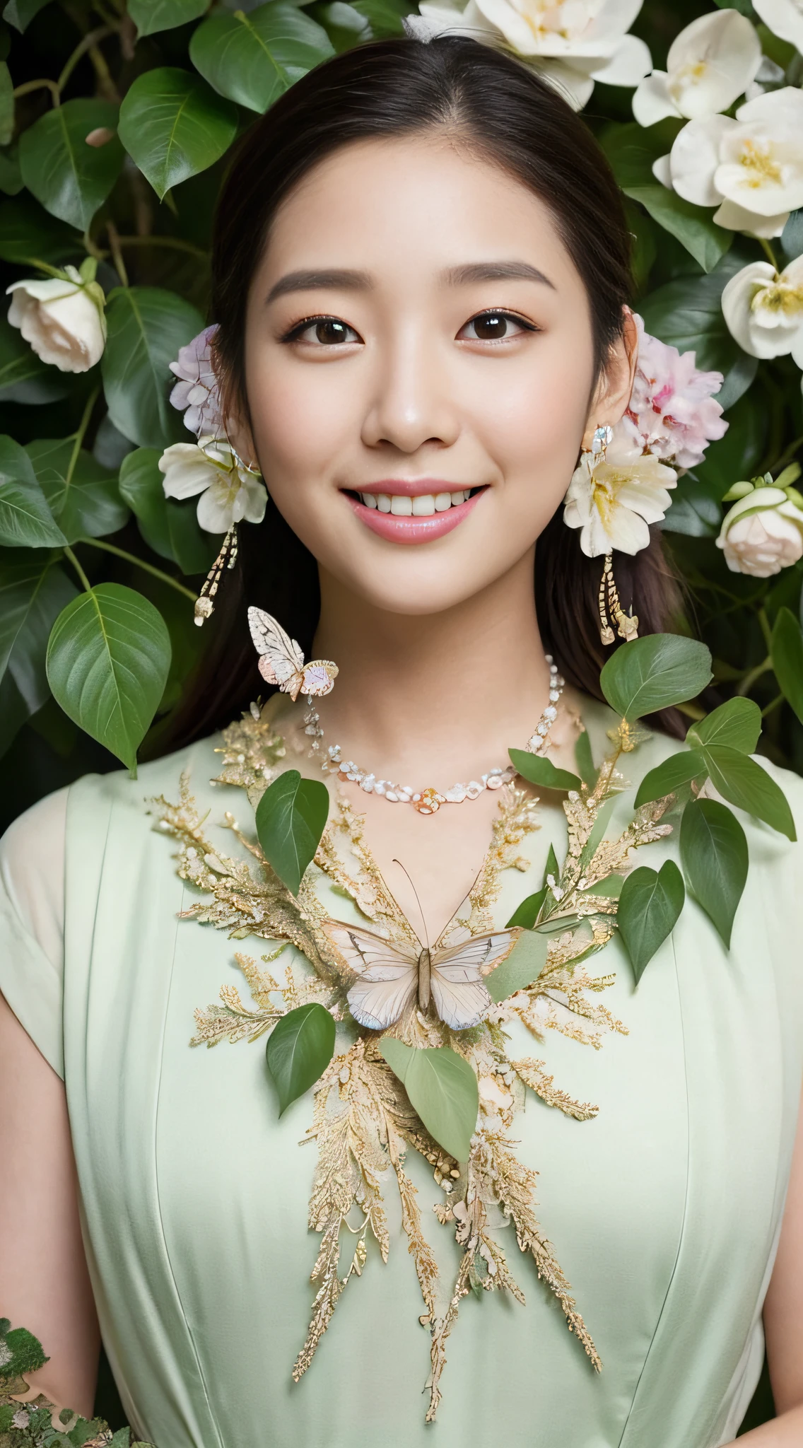 A botanical masterpiece in the style of Marco Mazzoni, detailed, hyper-realistic, elemets of symbolism and surrealism, intricate design, insanely beautiful woman, flowers, birds, diamonds, butterflies, pastel, golden details, looking at the viewer, looking straight to the camera, mysteriously smiling.