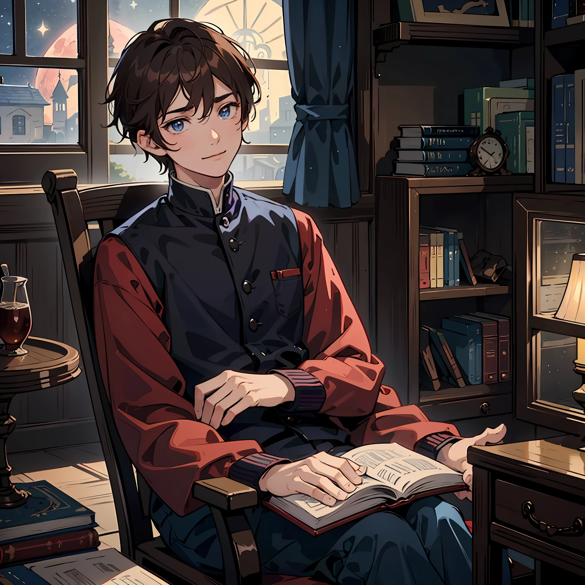 A one man teen with brown hair and blue eyes sits on a chair in his room on a small library and red book at night, beside him a small, window through which the moonlight looks at him, color contact lenses, tired, sad smile, high detail, blind box toy style, modern, film grain, UHD, masterpiece, super detail, anime style
