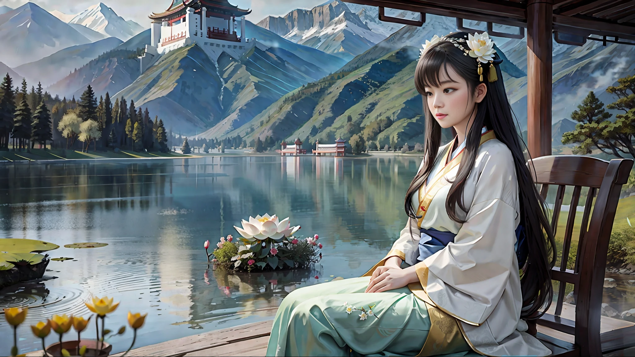 Chinese ancient style, in the pavilion by the lake, a woman wearing traditional Chinese traditional white Hanfu, the woman sits on a chair in the pavilion, the woman looks at the lake, there is a tall tower standing on the surface of the mountain in the background, there are a large number of lotus flowers in the lake, there is a bridge across the lake above the lake, the sky is drizzling, the rain is clearly visible, observe the woman from the side, the woman looks in a trance,