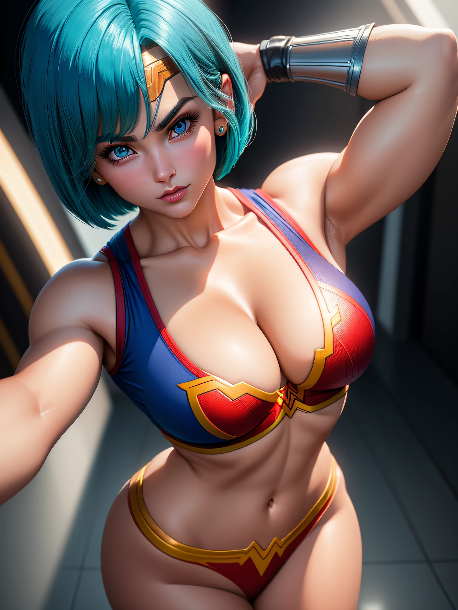 portrait closeup lone (buruma_brief_older Buruma_DBZ_Buu)1.4, (cleavage large_breasts, stylish bob haircut)1.2 (dressed as WonderWoman)1.2, standing, front view, (high detailed skin:1.2)(realistic pupils,realistic iris:1), 8k, aqua_hair