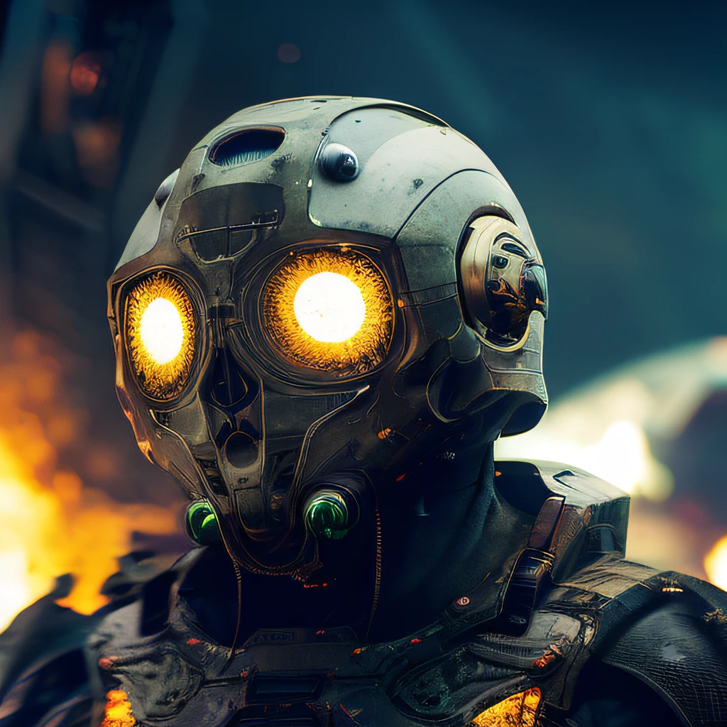 fking_scifi_v2, portrait of an alien , large eyes, helmet, armor, military, shield, slick skin, slime, large mouth, futuristic building with glass windows, fire and smoke in background, 80mm, f/1.8, dof, bokeh, depth of field, subsurface scattering, stippling