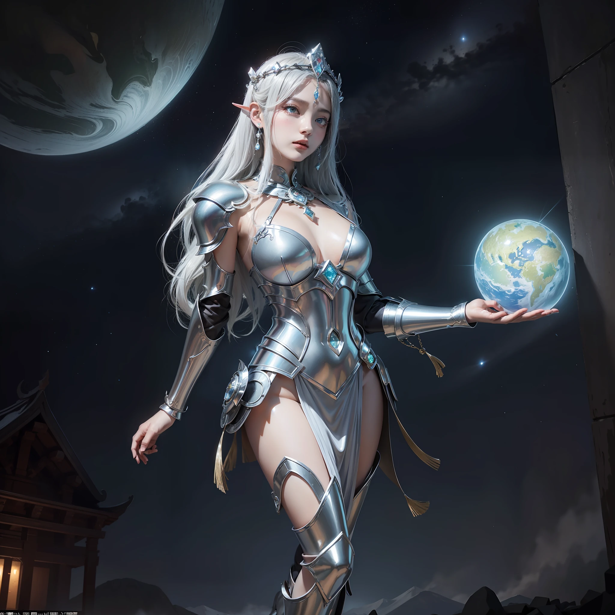 In Journey to the West, the girl Three-Eyed Erlang God, (exaggerated chest giant room), long legs, mythological figures, (diamond headdress, gorgeous armor suit made of silver thin thread), obvious details, eye patterns on the clothes, the entire galaxy in her hands