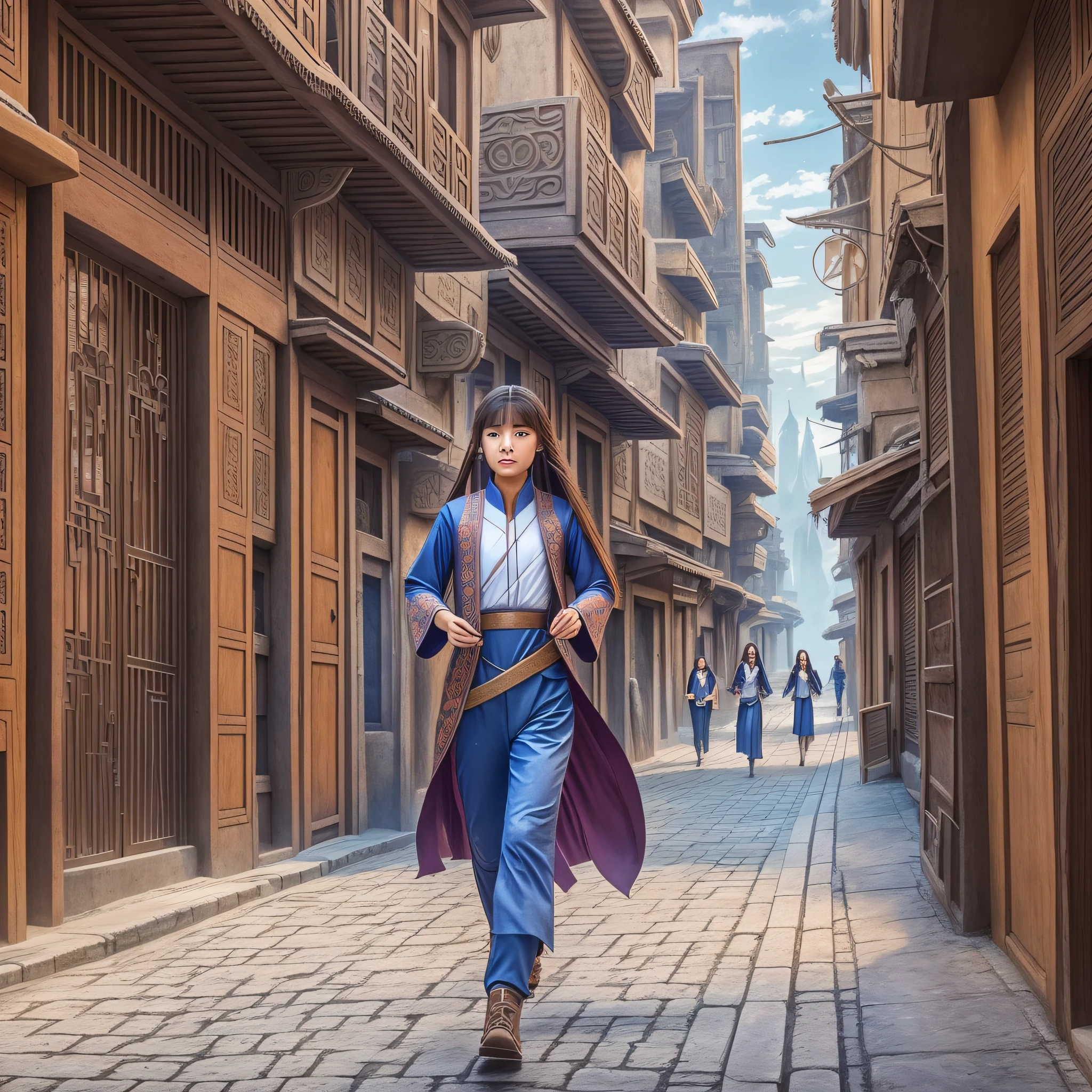 In the second dimension, an 18-year-old young girl dressed in Han clothes, with flowing long hair, and her eyes are shrewd to observe the surroundings running in the streets of the city. --auto --s2