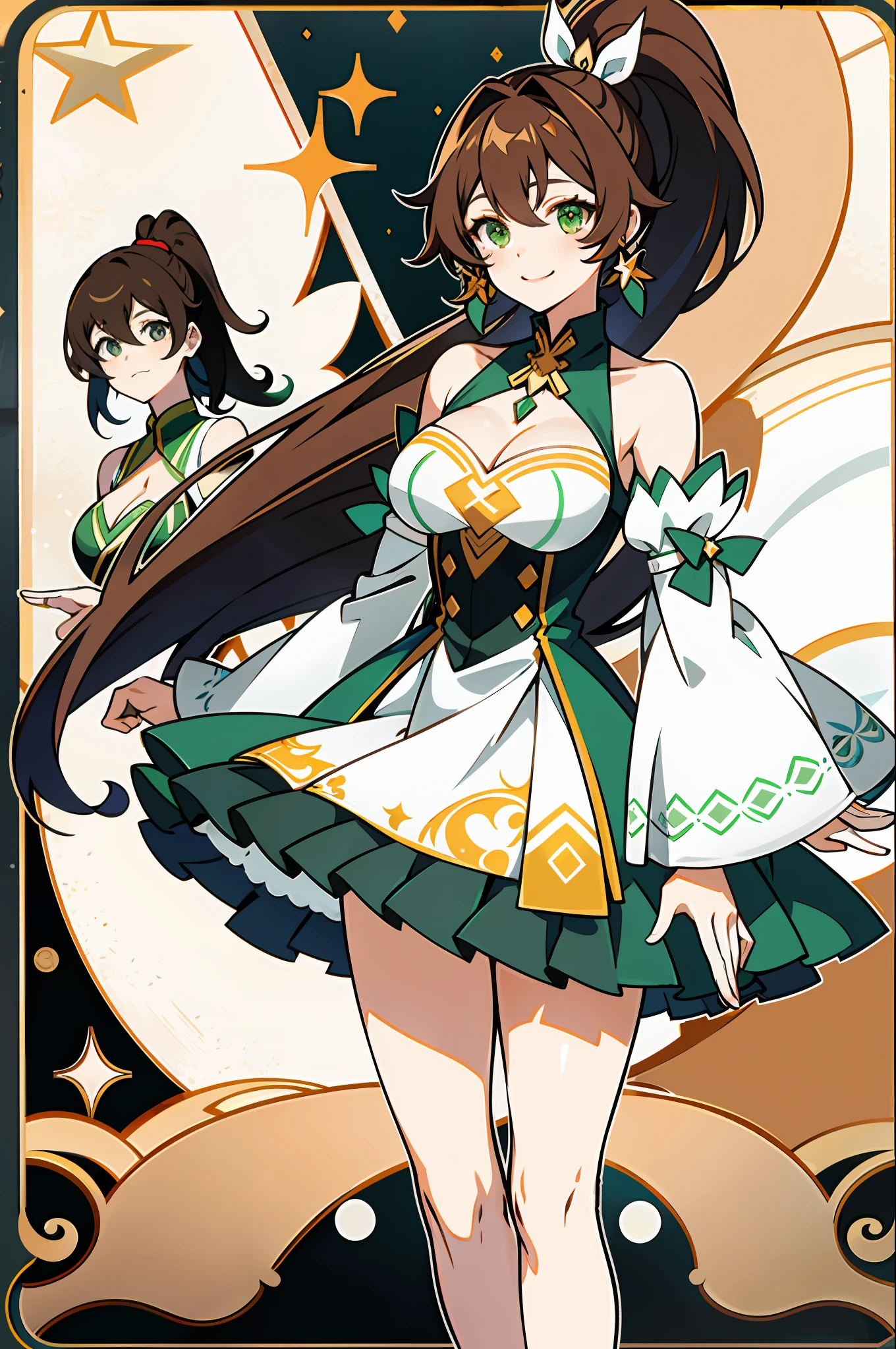 3girls, tingyun, honkai star rail, green mixed eyes, bare shoulders, jewerly, ponytail, long hair, brown hair, dress, large breasts, detached sleeves, standing, smile, tail, slightly visible cleavage