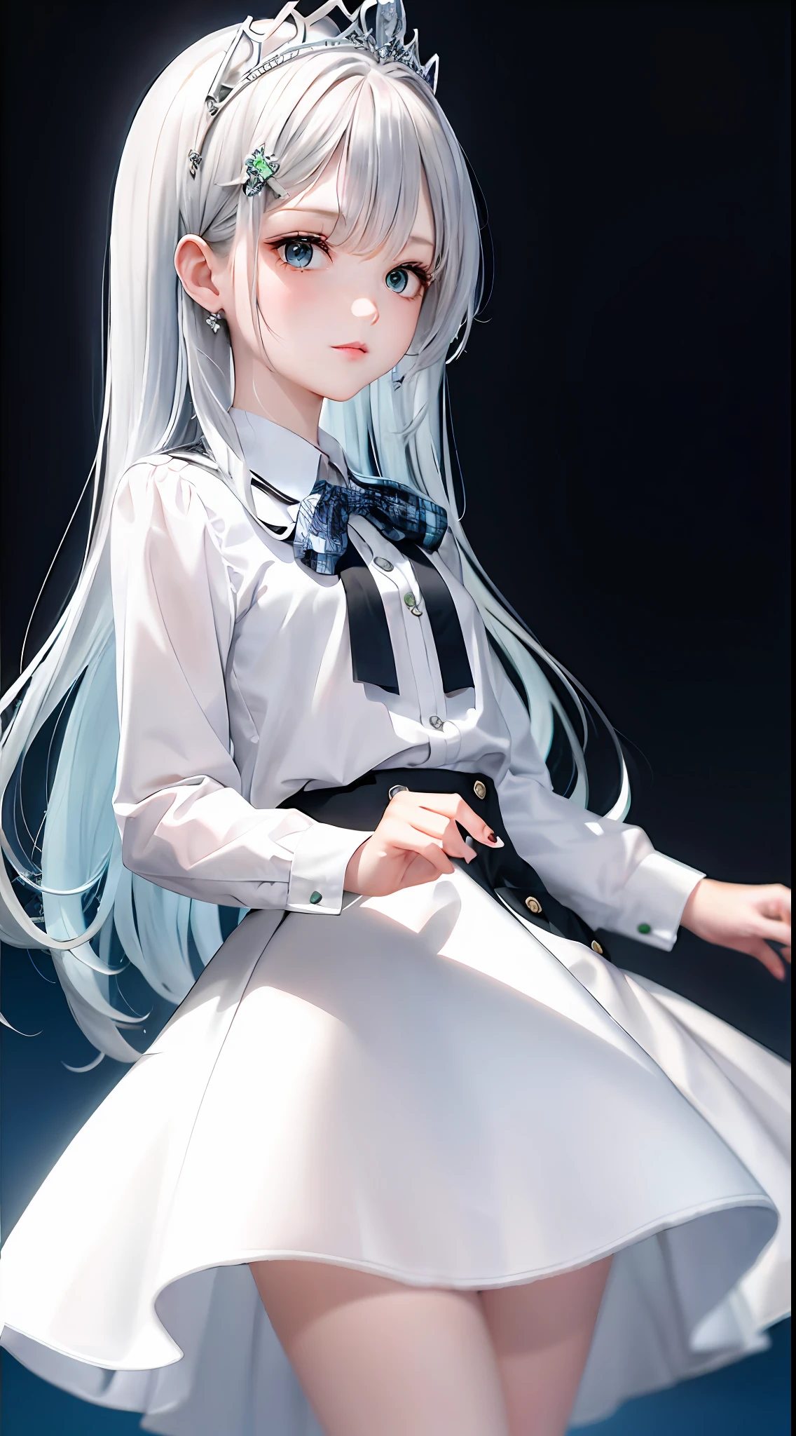 1girl, (masterpiece:1.1), (best quality:1.1), (white blouse:1.1), (checkered skirt:1.1), school uniform, high-waist skirt, BREAK [blue:pink:0.5] theme, (gradient background:1.1), cowboy shot, BREAK silver hair, long hair, , green eyes, intricate detailed tiara, looking to the side,