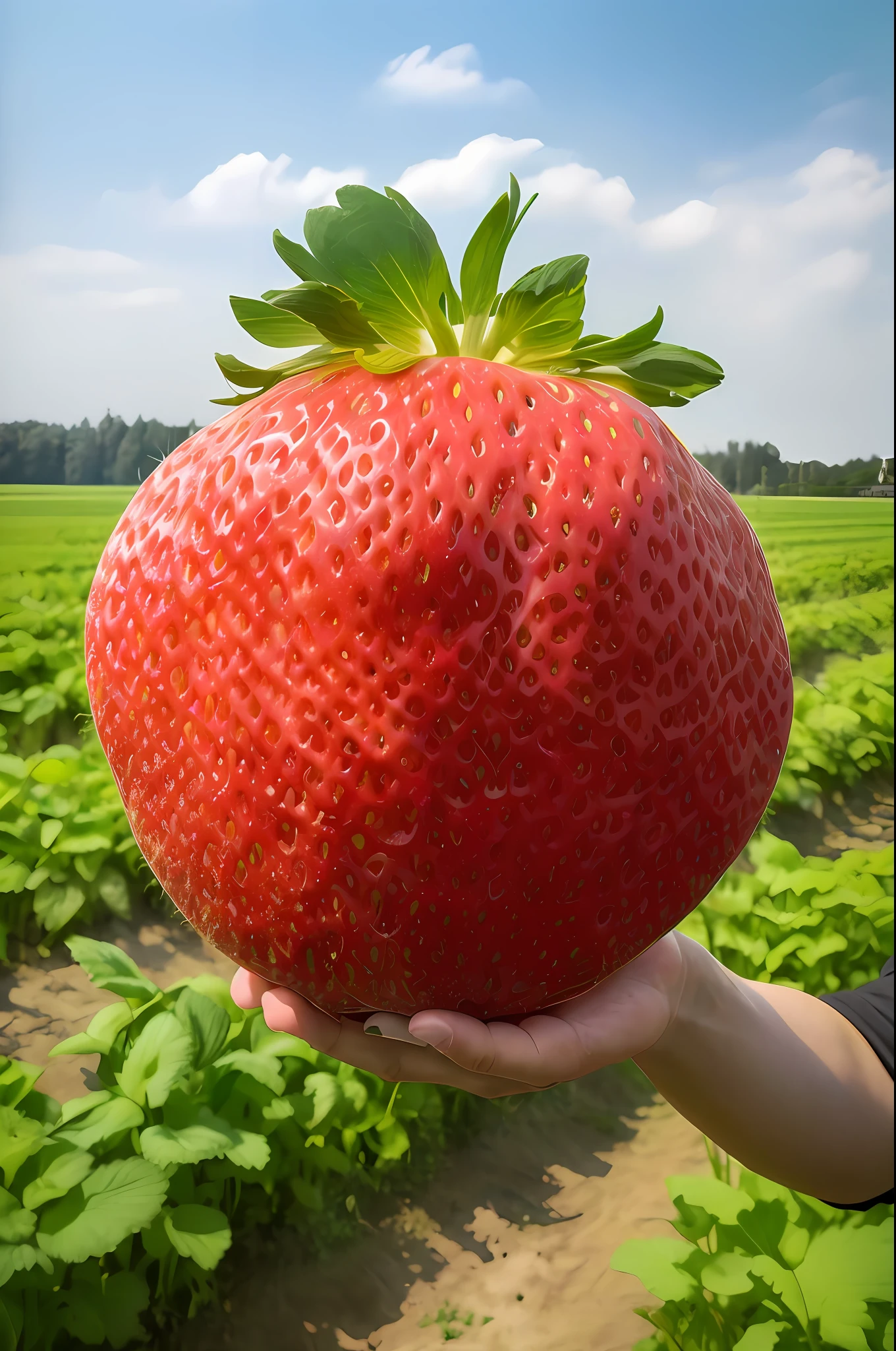 someone holding a large strawberry in a field of green plants, holding a giant strawberry, strawberry, the photo shows a large, it's very huge, it is very huge, by Yokoyama Taikan, by Maeda Masao, bottom angle, masterpiece work of art, very detailed photo, super detailed image, highly detailed photo, by Tadashi Nakayama