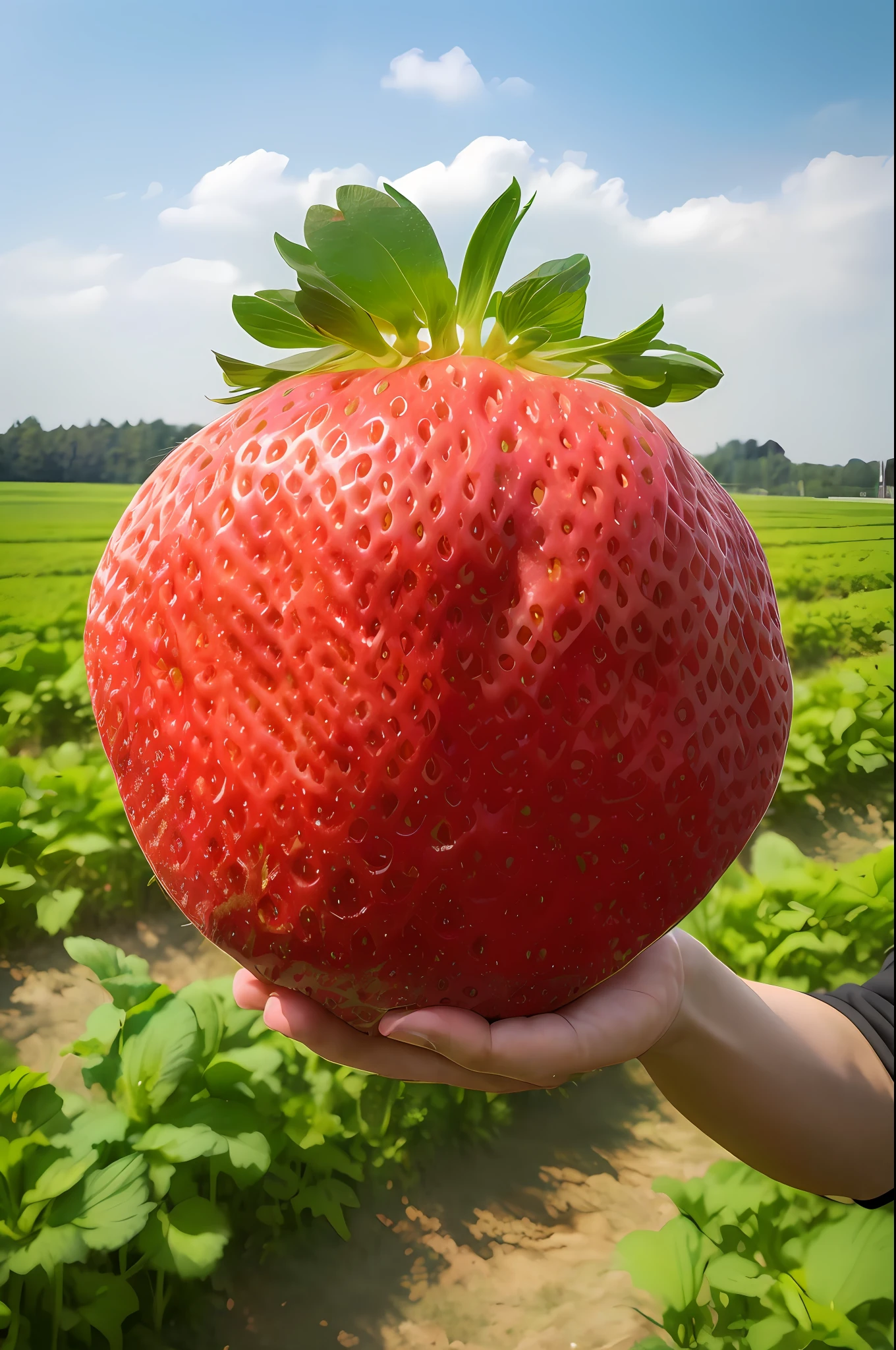 someone holding a large strawberry in a field of green plants, holding a giant strawberry, strawberry, the photo shows a large, it's very huge, it is very huge, by Yokoyama Taikan, by Maeda Masao, bottom angle, masterpiece work of art, very detailed photo, super detailed image, highly detailed photo, by Tadashi Nakayama