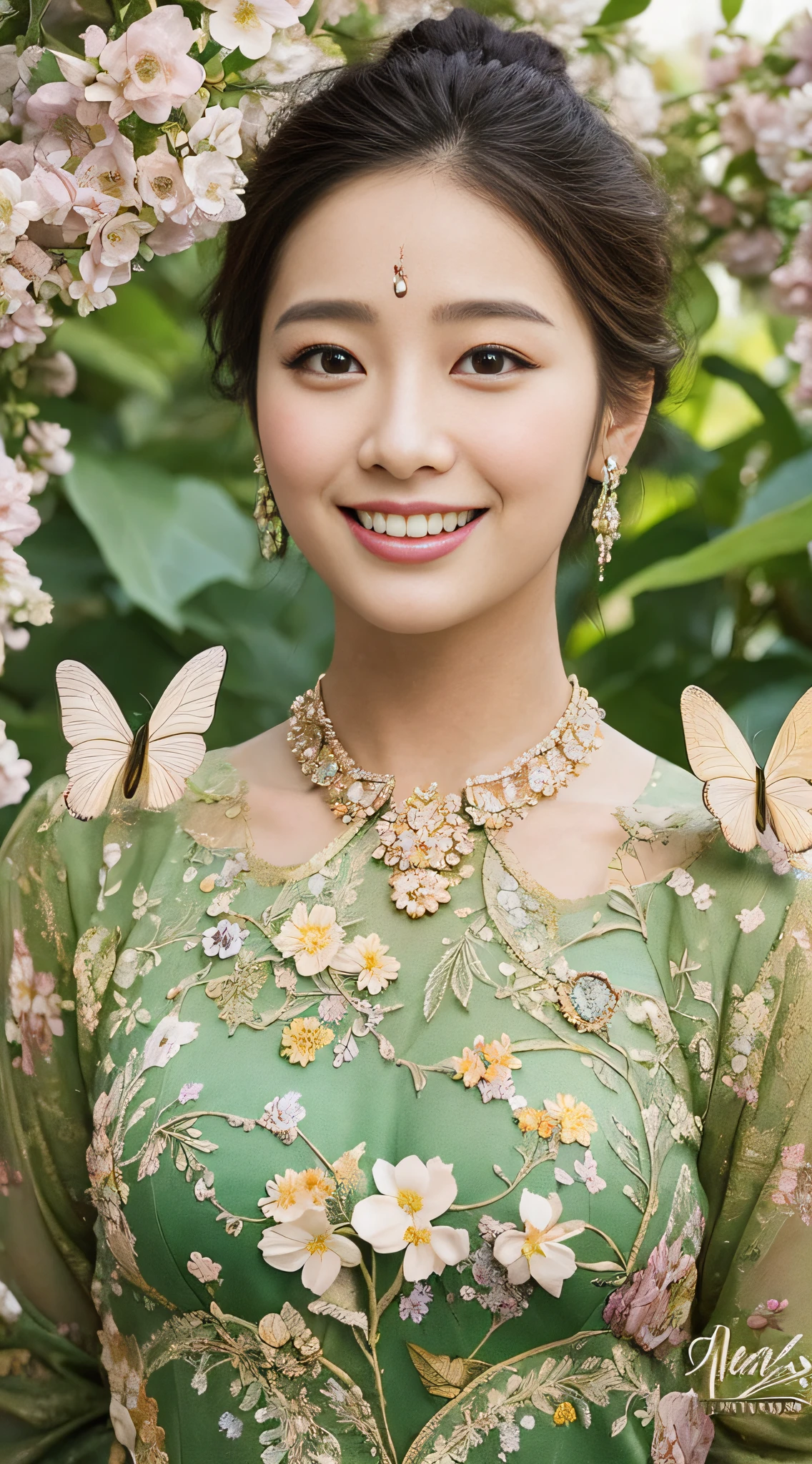 A botanical masterpiece in the style of Marco Mazzoni, detailed, hyper-realistic, elemets of symbolism and surrealism, intricate design, insanely beautiful woman, flowers, birds, diamonds, butterflies, pastel, golden details, looking at the viewer, looking straight to the camera, mysteriously smiling.