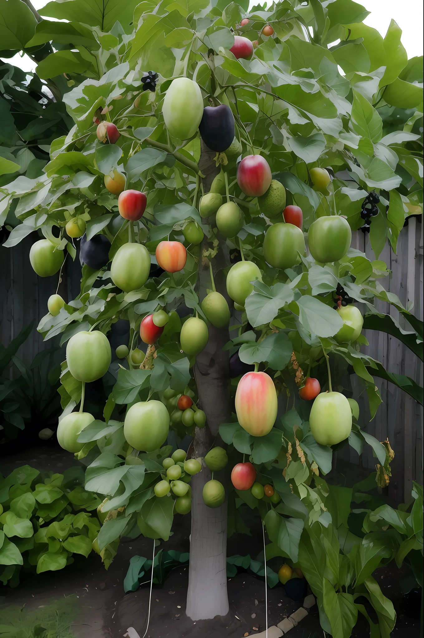 there is a tree with many different fruits growing on it, fruit trees, garden with fruits on trees, with fruit trees, manicured garden of eden, fruits, material is!!! plum!!!, by Hiromitsu Takahashi, apple tree, plumbus, by Kiyoshi Yamashita, tropical fruit, an alien fruit, tawa trees, basil gogos