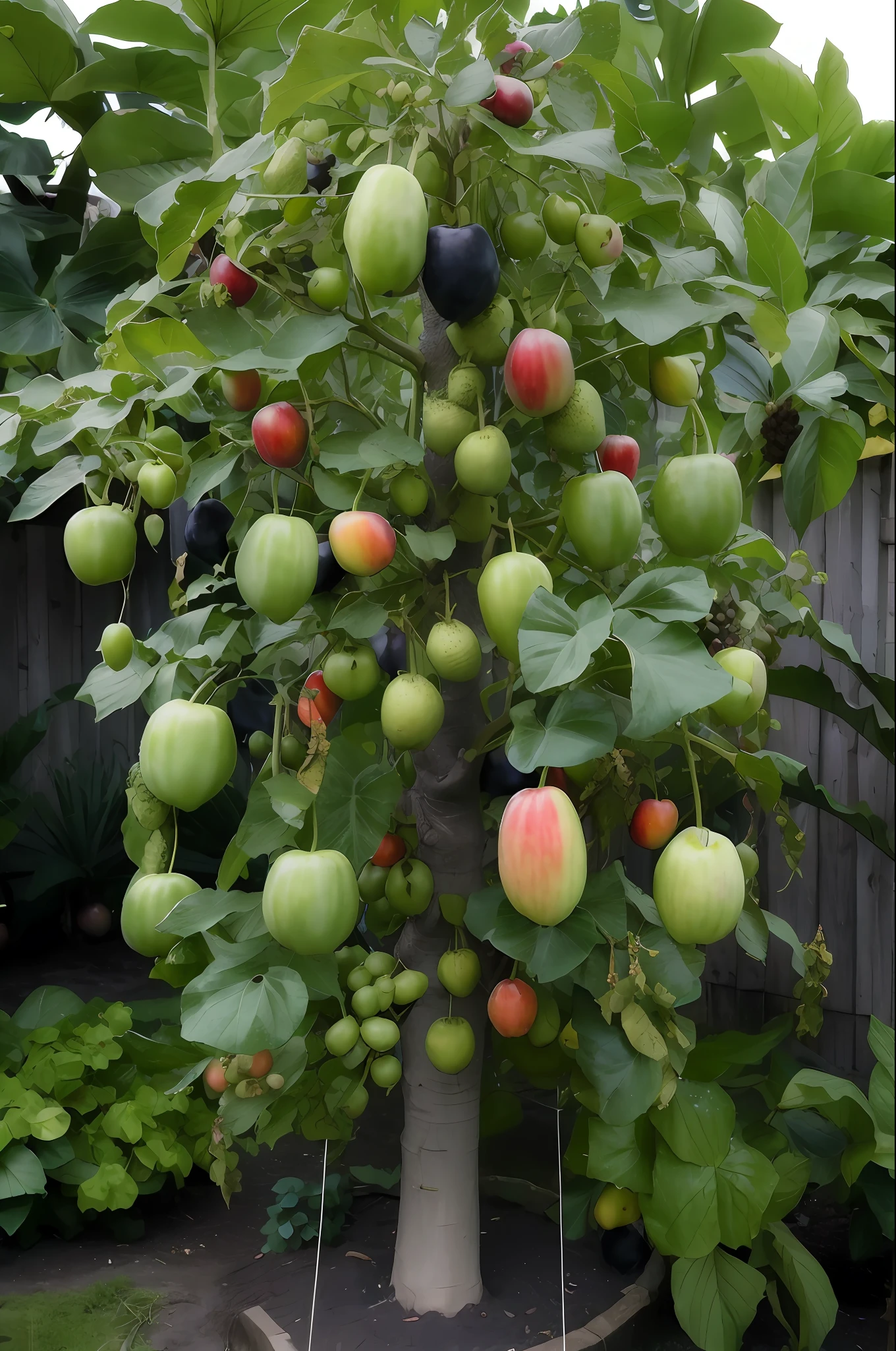 there is a tree with many different fruits growing on it, fruit trees, garden with fruits on trees, with fruit trees, manicured garden of eden, fruits, material is!!! plum!!!, by Hiromitsu Takahashi, apple tree, plumbus, by Kiyoshi Yamashita, tropical fruit, an alien fruit, tawa trees, basil gogos