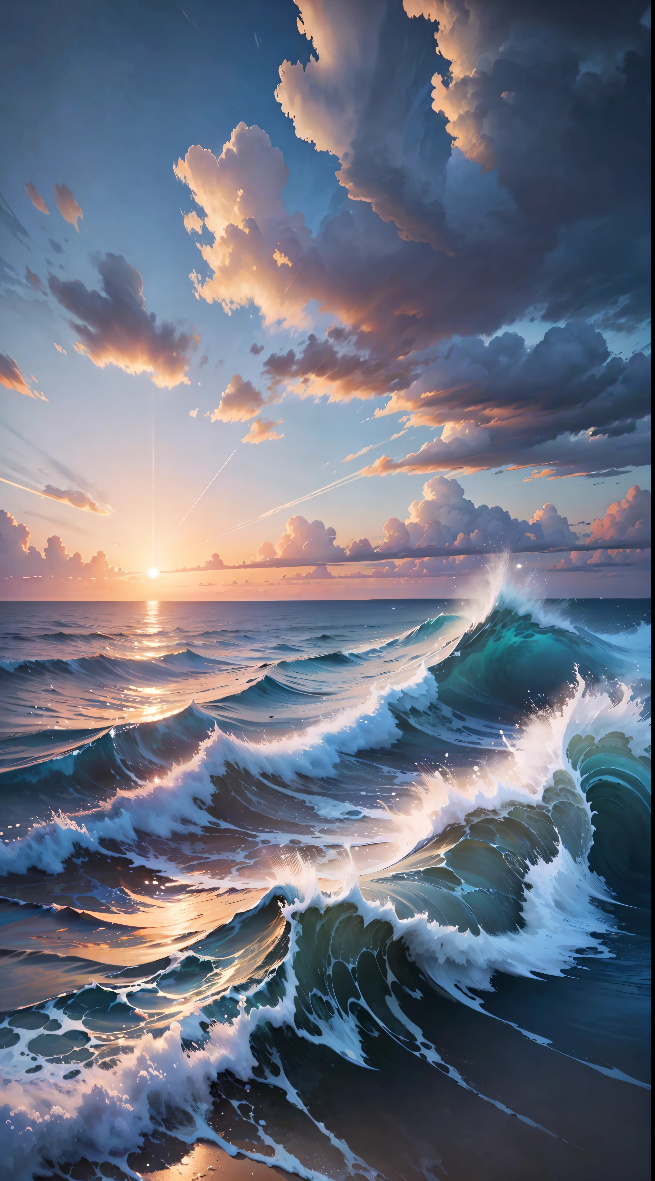 (Very detailed CG unity 8k wallpaper), sunrise over the sea, clouds in the sky, small waves in the sea, HD pictures, super detail, high quality, best quality, engage resolution The most beautiful artwork in the world, high detail, clear focus, dramatic, realistic painting art, blue sky.