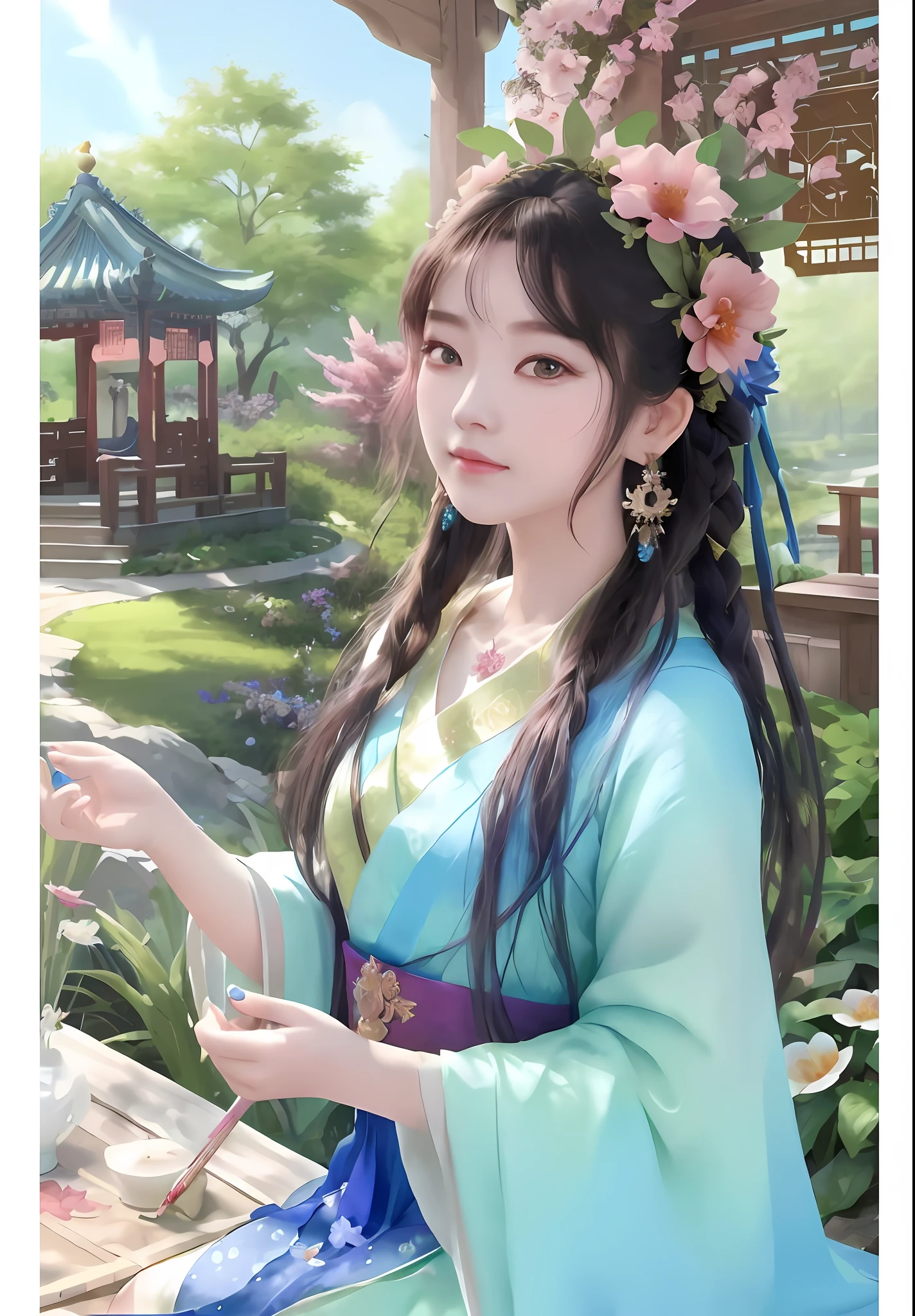 a close up of a woman in a blue dress holding a flower, palace , a girl in hanfu, beautiful character painting, guweiz, chinese girl, artwork in the style of guweiz, trending on cgstation, ((a beautiful fantasy empress)), traditional beauty, 中 元 节, a beautiful fantasy empress, inspired by Lan Ying