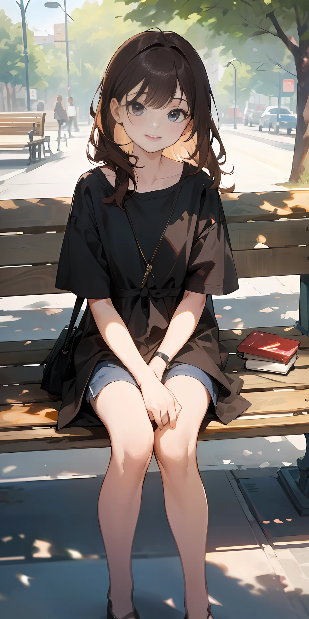 (8k, RAW photo, best quality, masterpiece: 1.2), high-definition RAW color photo, professional photo, (real, photoreal: 1.37), ((best quality)), 20-year-old woman, ((1 person) ), cinematic light, (masterpiece: 1.5), (best quality: 1.2), (smile: 1), (looking at viewer: 1.2), hair, park bench, book, brown hair, early summer