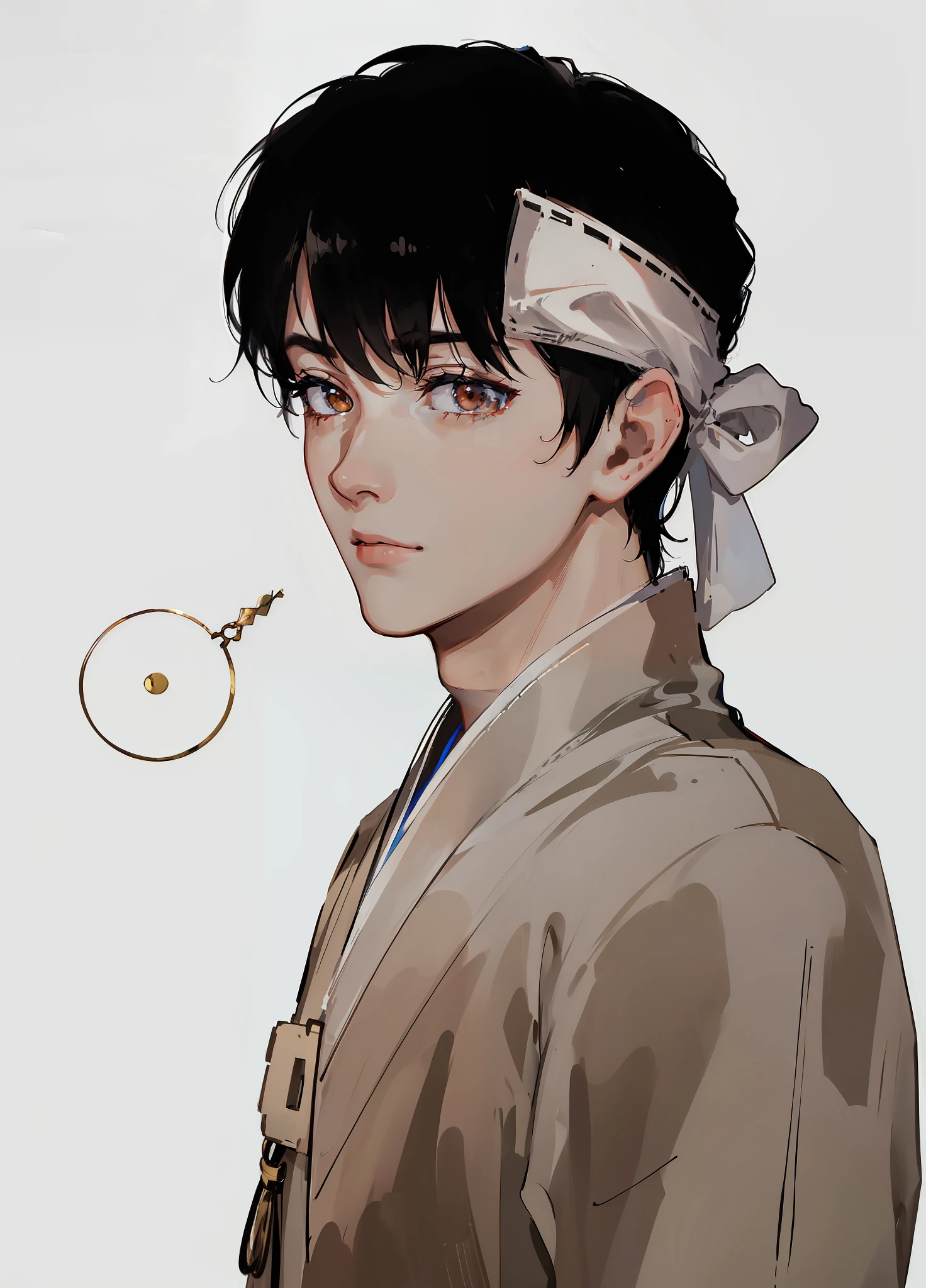 (((1boy))), ((toned)), male focus, masterpiece, high quality, (masterpiece:1.2), (best quality:1.2), shiny, realistic, ornate, intricate skin, bandana on white head, ((black hair)), (short hair), brown eyes, bangs, hair between eyes, hair_stick, fox_boy, japanese_clothes, jewelry, solo, pointy_ears, hair_bun, hair_ornament, hair_pin, holding_fan, paper_fan, elegant, looking_at_viewer, holding_fan, red_eyeliner, FH , looking at the horizon, pupils constricted, (shadows cast over the face:1.3), dark room, shadow room, sad expression, (upper body)