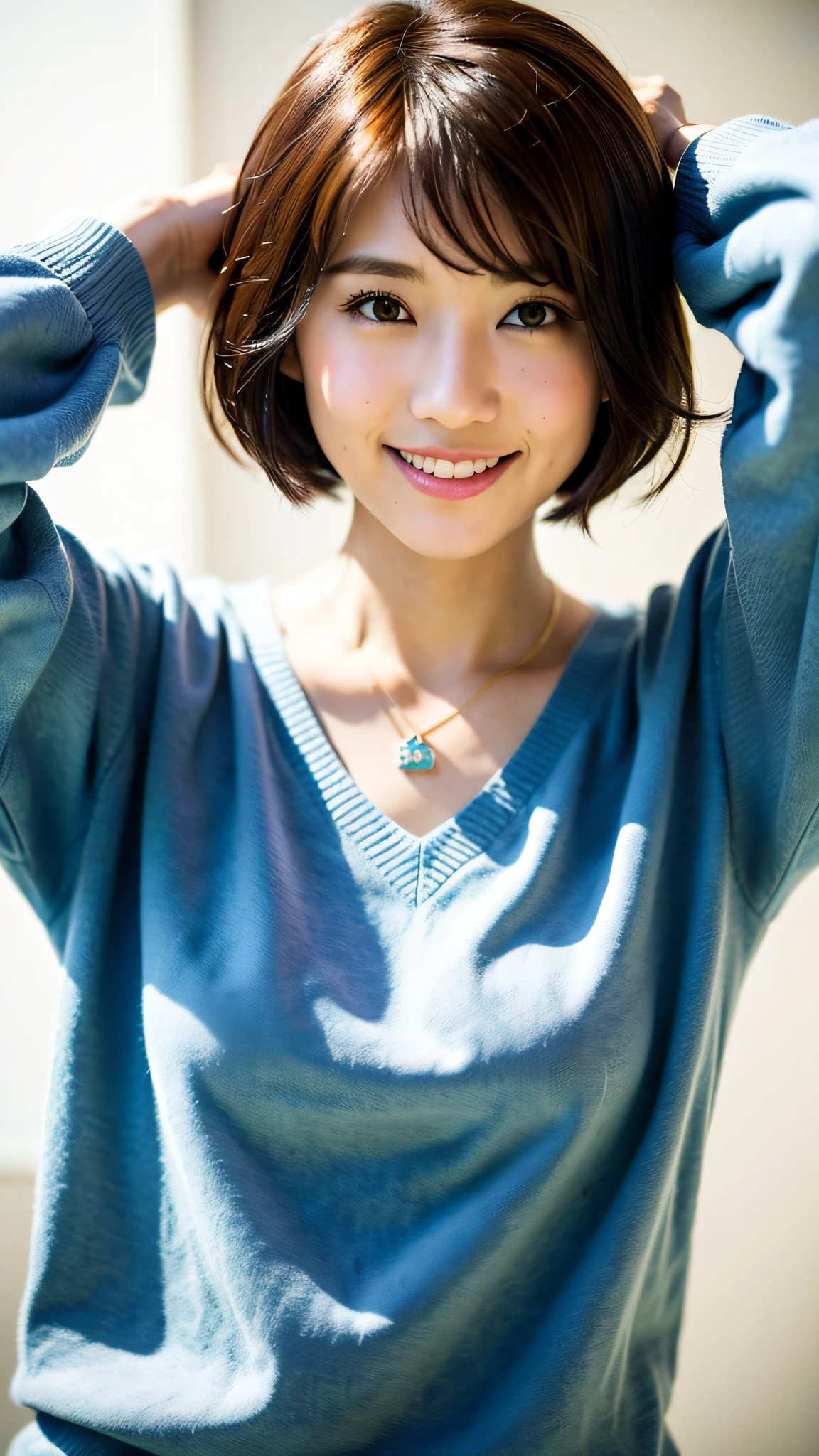 (Best Quality, 8k, 32k, Masterpiece, UHD: 1.2), Cute Japan Woman Pictures, Big, Very Short Bob Hair, Upper Body, Face Focus, oversized_sweater, Necklace, School Background, From Above, Looking at the Viewer, Full Smile, Charming